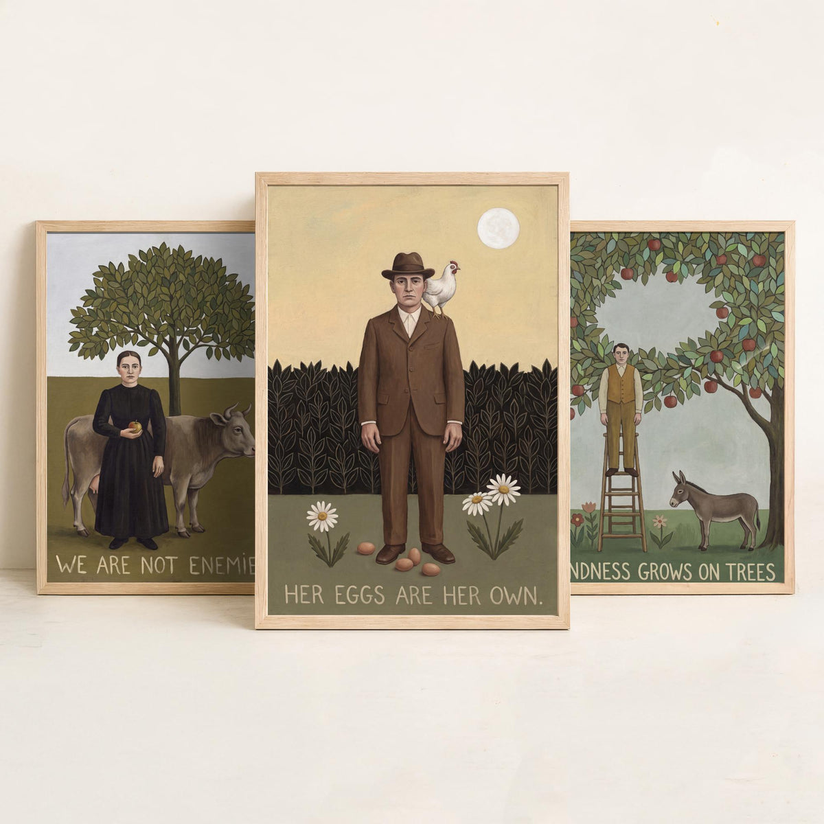 We Are Not Enemies Set of Three Art Prints - Vegan Naive Portrait Paintings - Cow, Orchard, Hen - Kindness Quote Posters