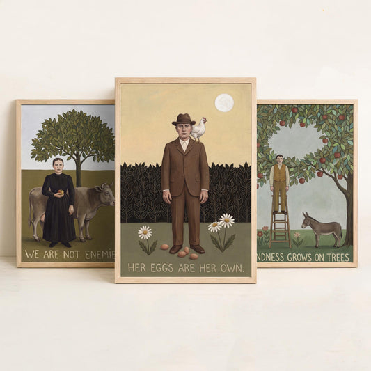 We Are Not Enemies Set of Three Art Prints - Vegan Naive Portrait Paintings - Cow, Orchard, Hen - Kindness Quote Posters