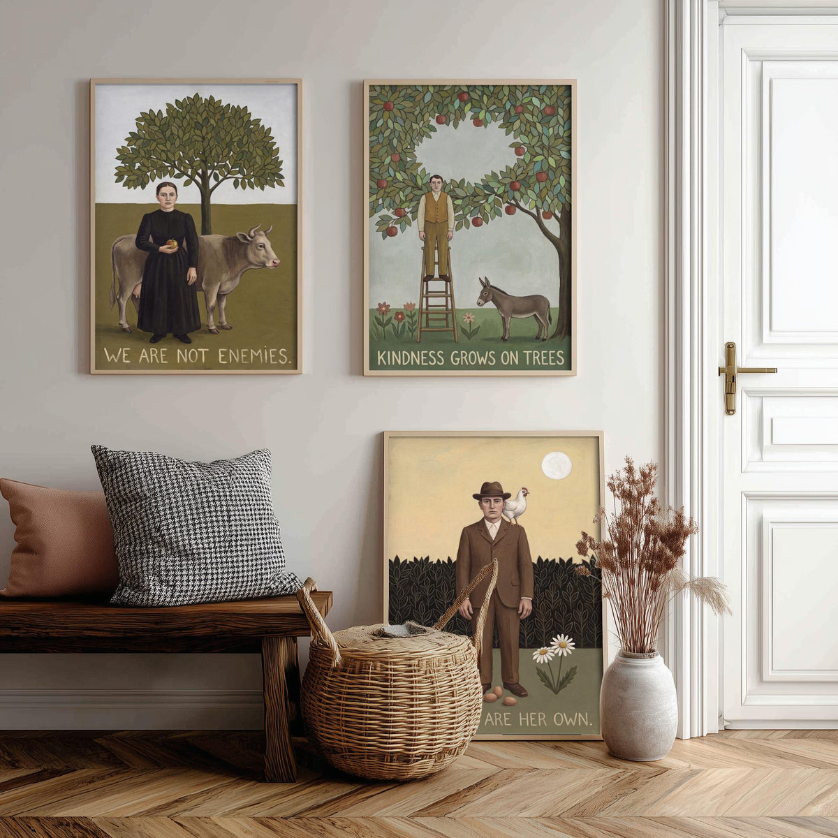 We Are Not Enemies Set of Three Art Prints - Vegan Naive Portrait Paintings - Cow, Orchard, Hen - Kindness Quote Posters