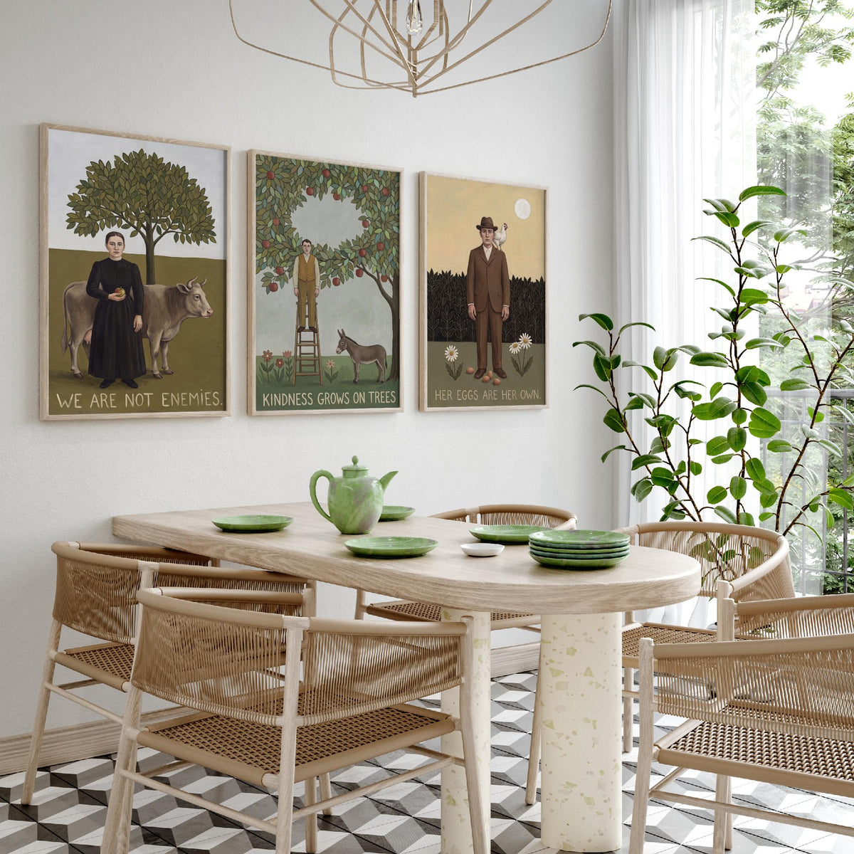 We Are Not Enemies Set of Three Art Prints - Vegan Naive Portrait Paintings - Cow, Orchard, Hen - Kindness Quote Posters