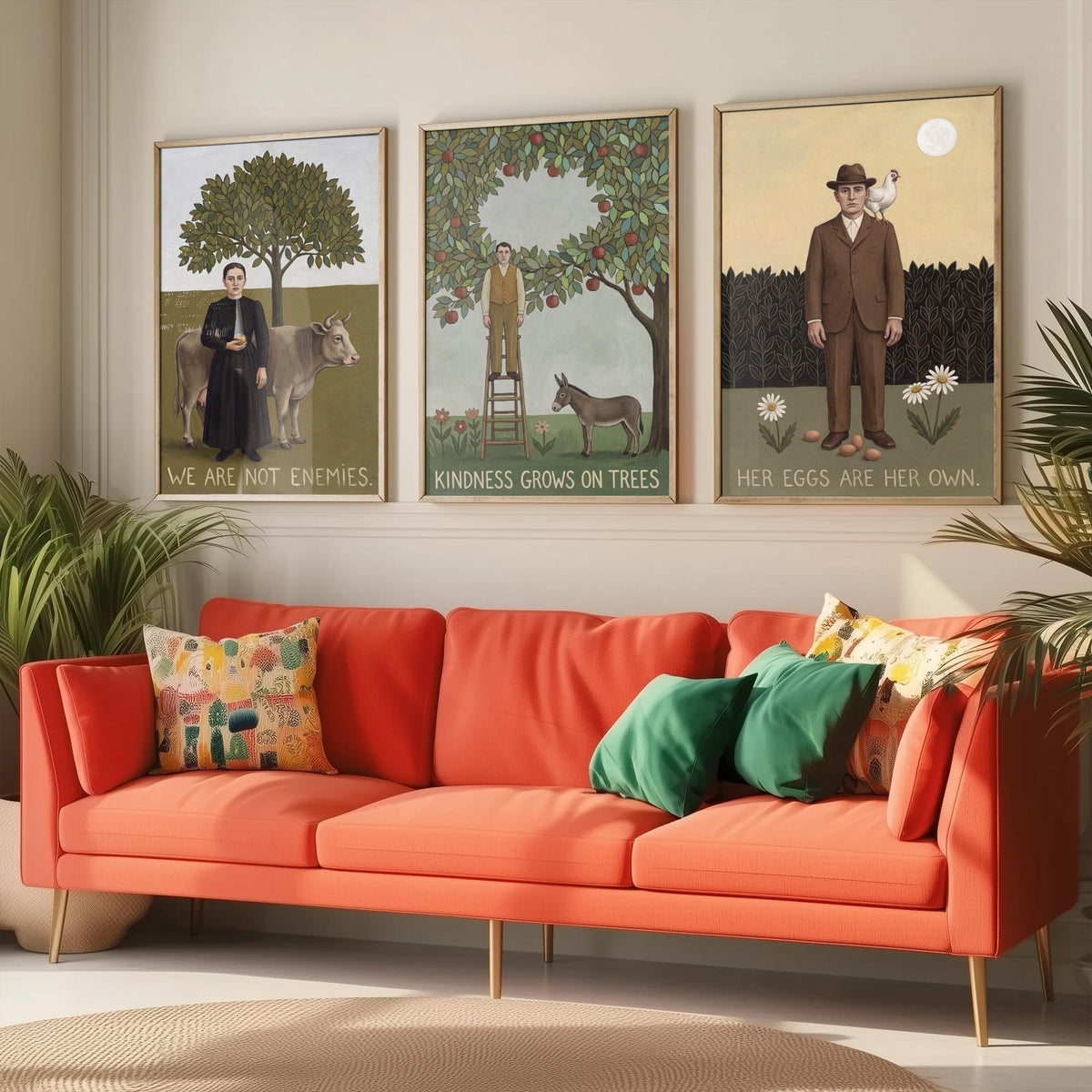 We Are Not Enemies Set of Three Art Prints - Vegan Naive Portrait Paintings - Cow, Orchard, Hen - Kindness Quote Posters