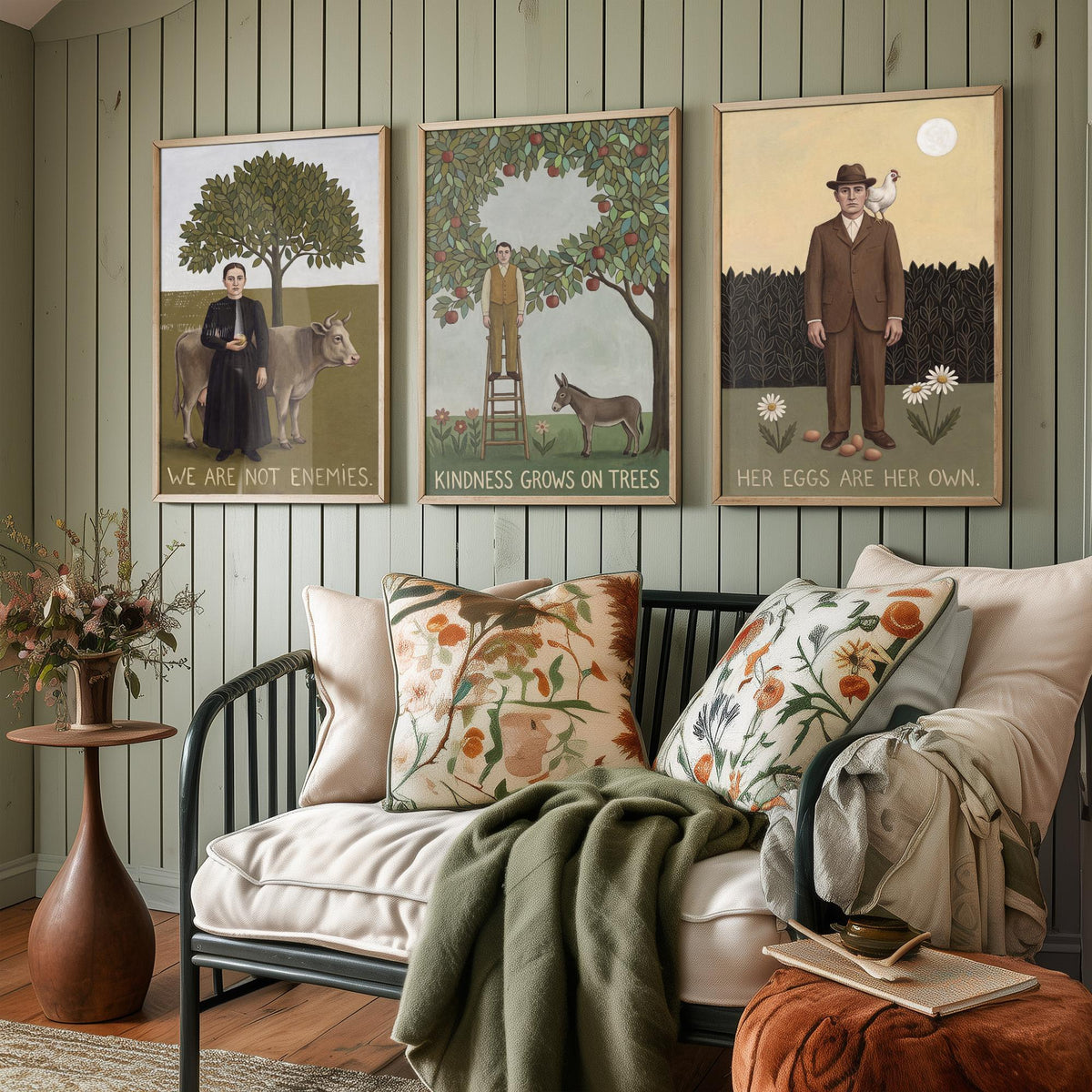 We Are Not Enemies Set of Three Art Prints - Vegan Naive Portrait Paintings - Cow, Orchard, Hen - Kindness Quote Posters