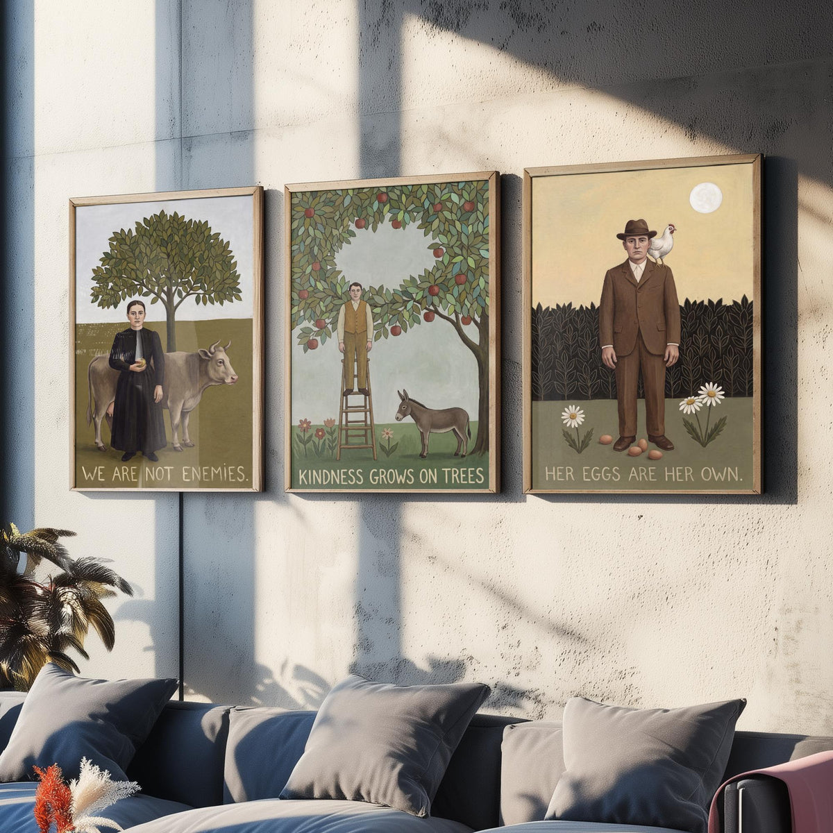 We Are Not Enemies Set of Three Art Prints - Vegan Naive Portrait Paintings - Cow, Orchard, Hen - Kindness Quote Posters
