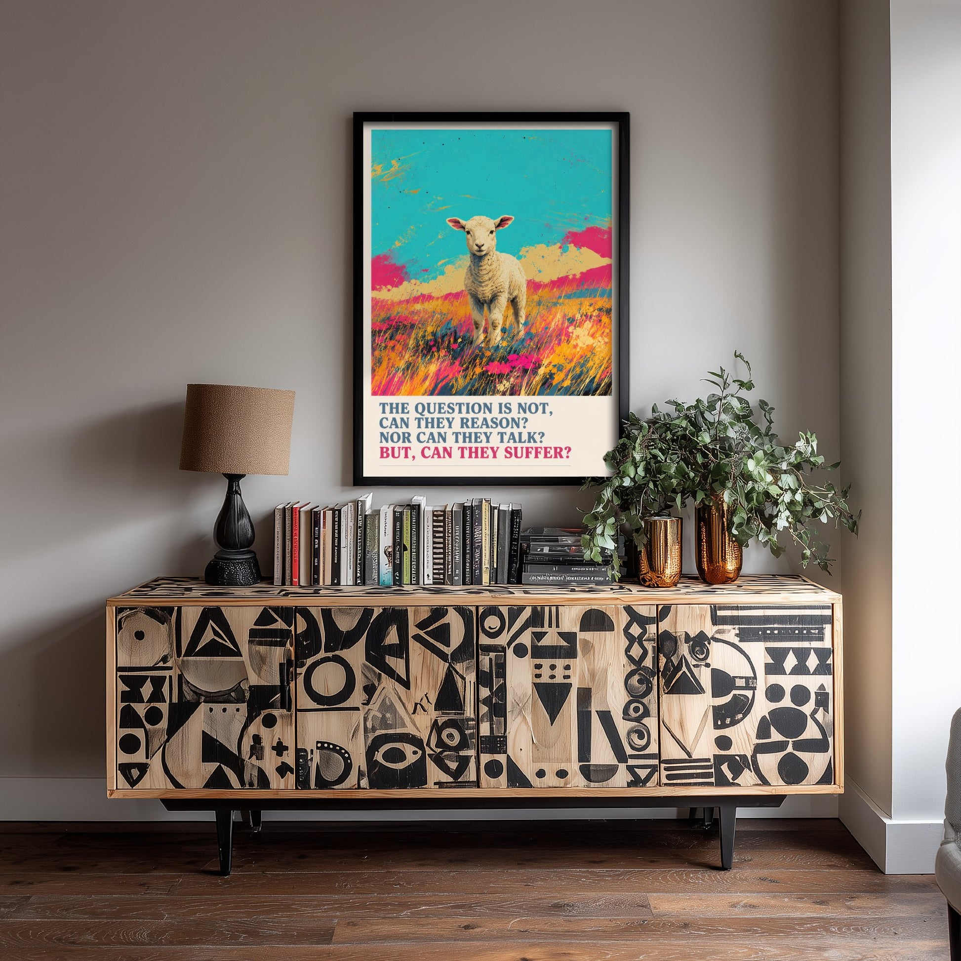 Can They Suffer Art Print - Pop Art Vegan Quote Poster - Lamb Illustration Wall Art 1/3