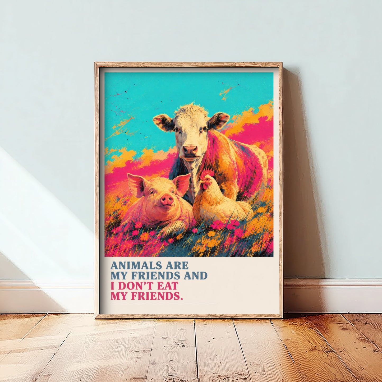 Animals Are My Friends Art Print - Pop Art Vegan Quote Poster - Cow Pig Hen Illustration 3/3