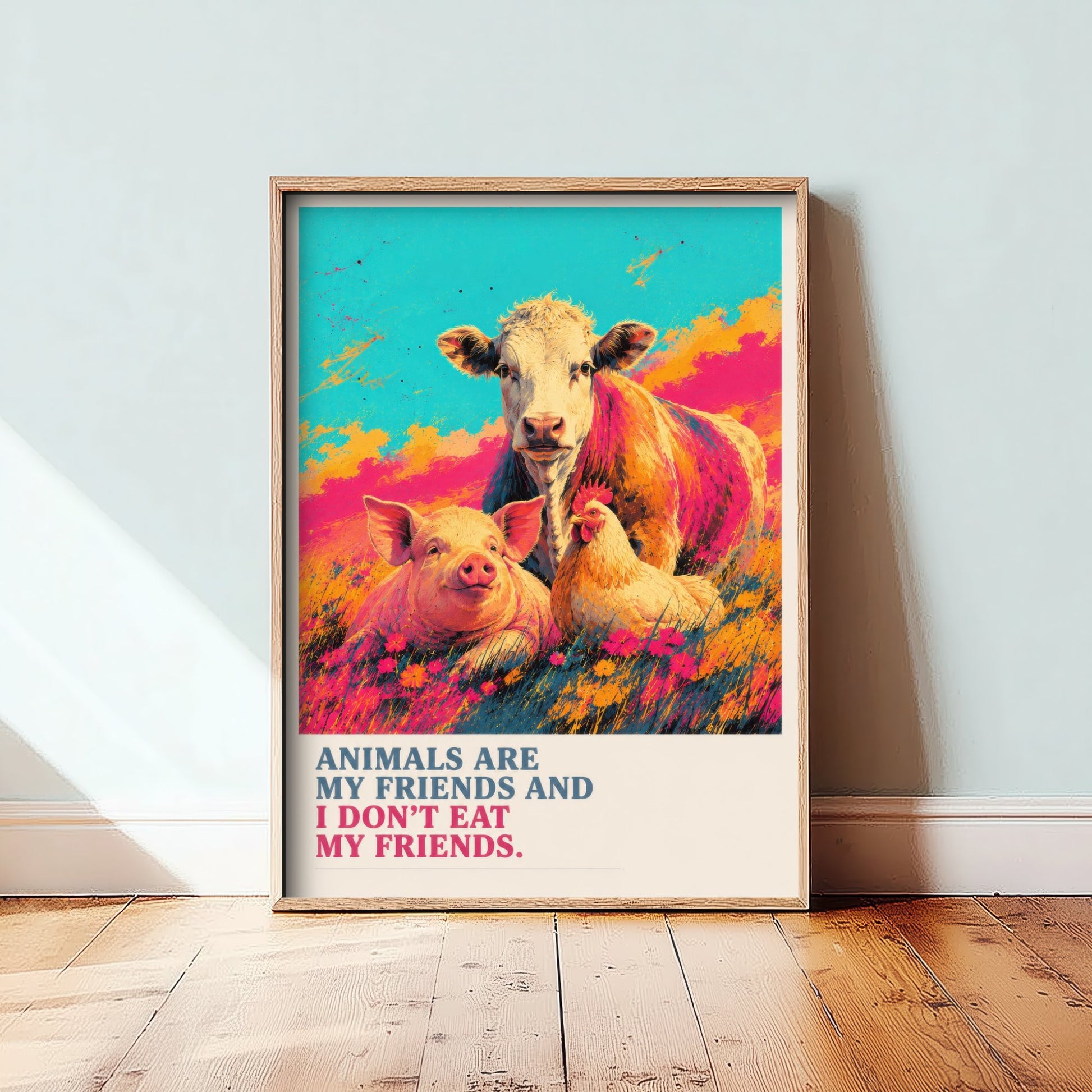 Animals Are My Friends Art Print - Pop Art Vegan Quote Poster - Cow Pig Hen Illustration 3/3