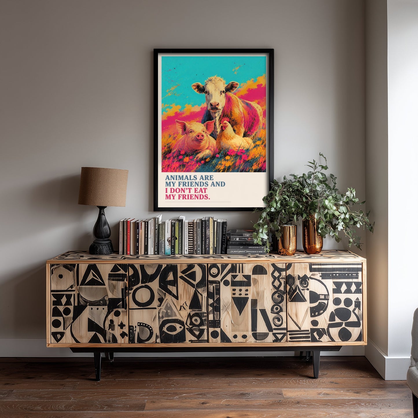 Animals Are My Friends Art Print - Pop Art Vegan Quote Poster - Cow Pig Hen Illustration 3/3