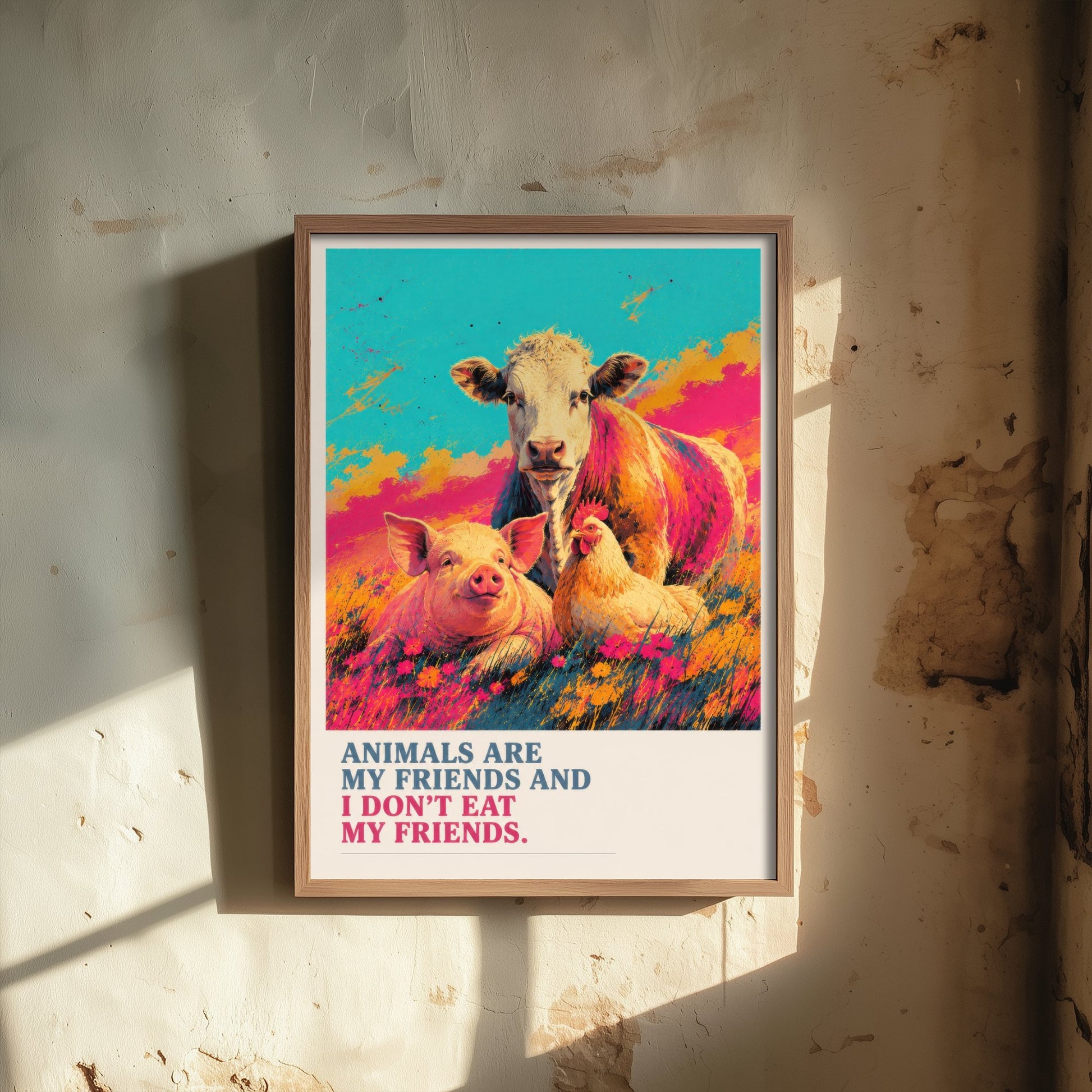 Animals Are My Friends Art Print - Pop Art Vegan Quote Poster - Cow Pig Hen Illustration 3/3