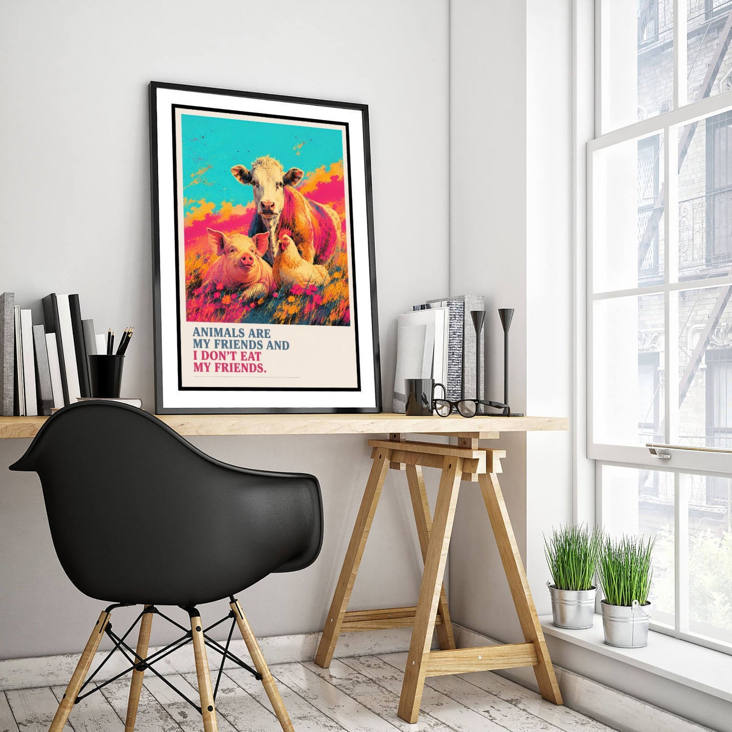 Animals Are My Friends Art Print - Pop Art Vegan Quote Poster - Cow Pig Hen Illustration 3/3