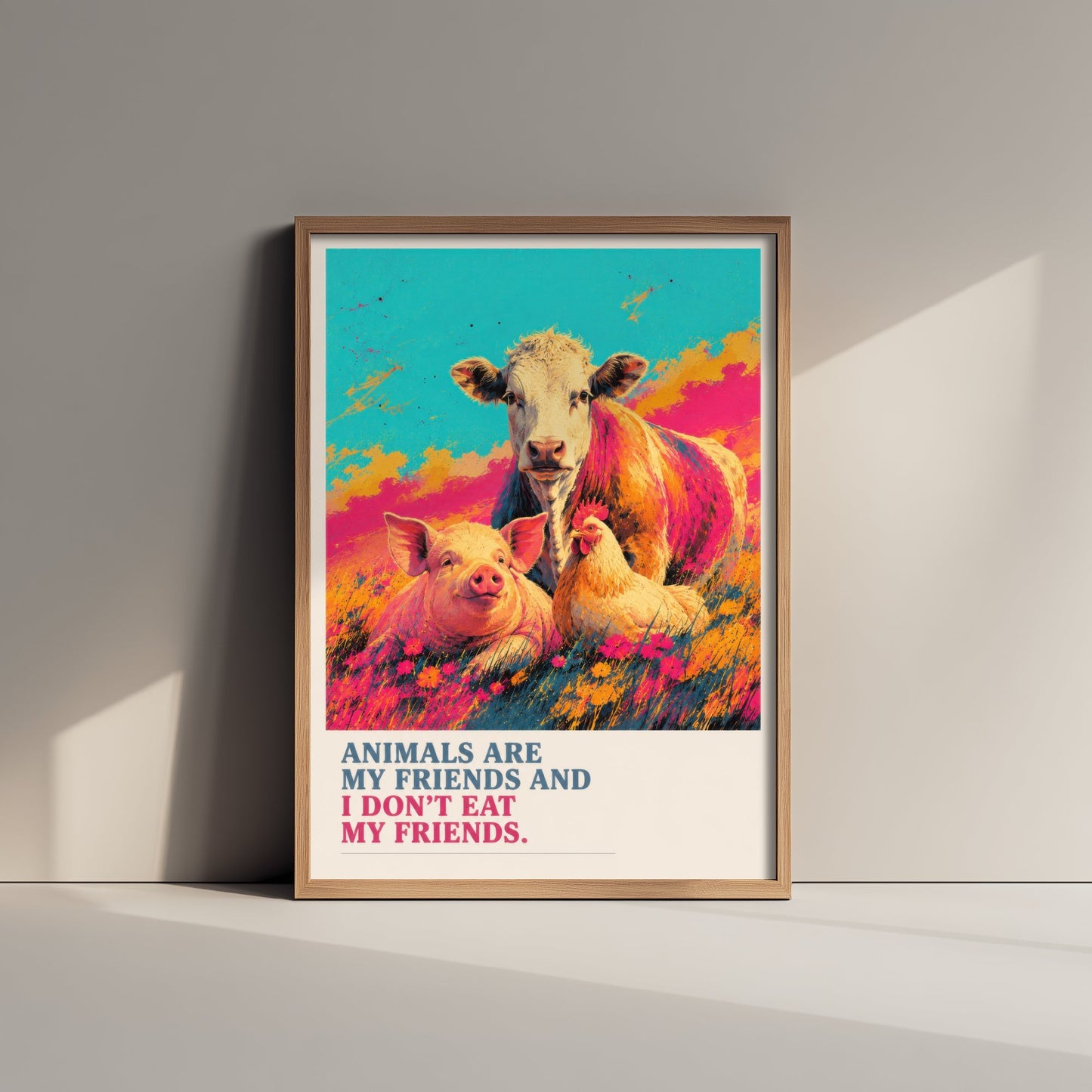 Animals Are My Friends Art Print - Pop Art Vegan Quote Poster - Cow Pig Hen Illustration 3/3