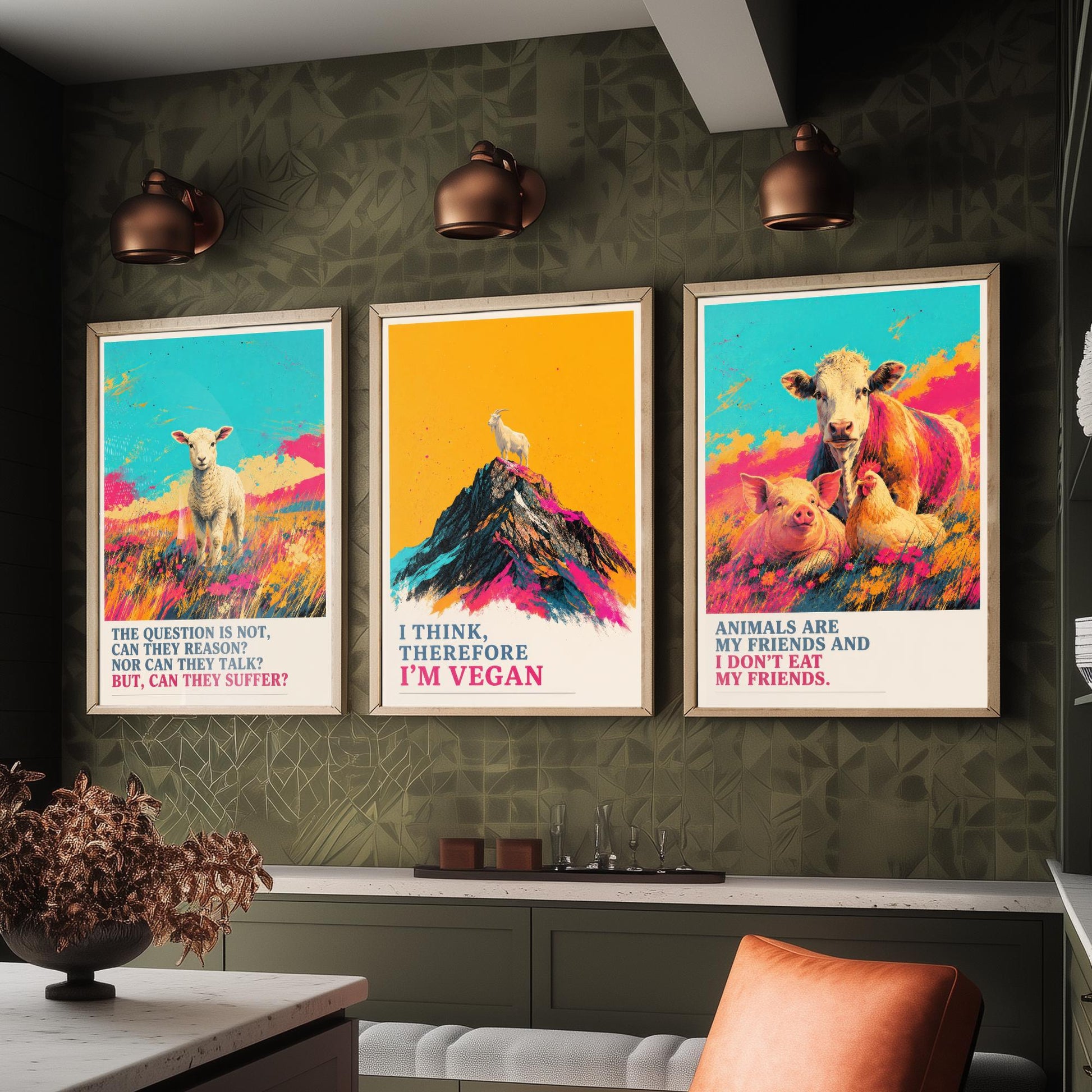 Can They Suffer Set of Three Art Prints | Think Therefore Vegan Friends I Dont Eat | Pop Art Poster Illustration