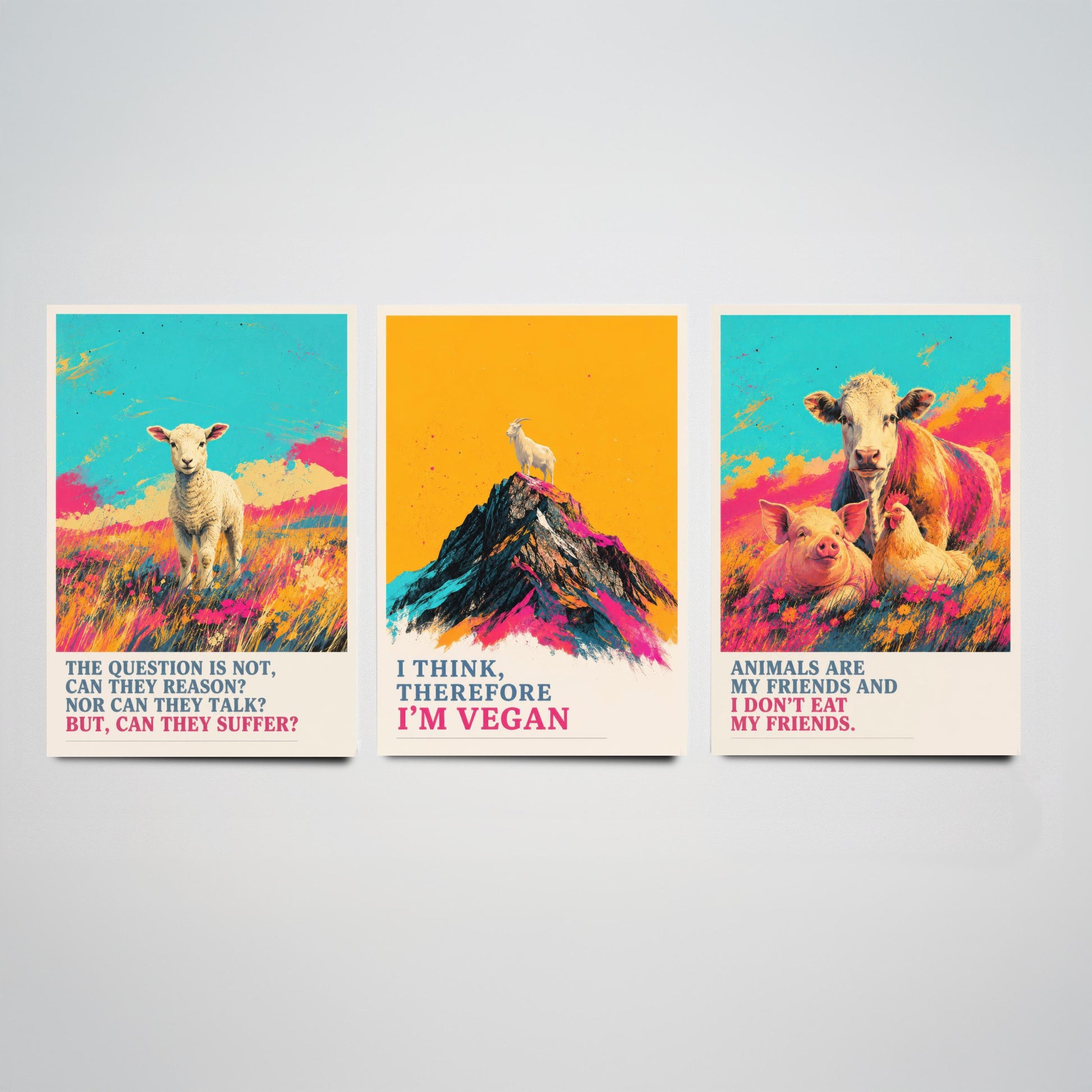 Can They Suffer Set of Three Art Prints | Think Therefore Vegan Friends I Dont Eat | Pop Art Poster Illustration