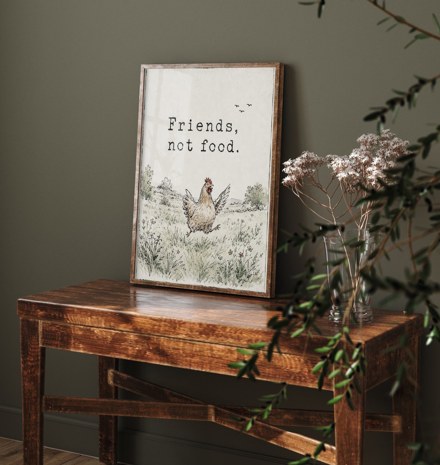 Friends Not Food Art Print - Storybook Vegan Quote Poster - Hen Watercolour Wall Art 1/3