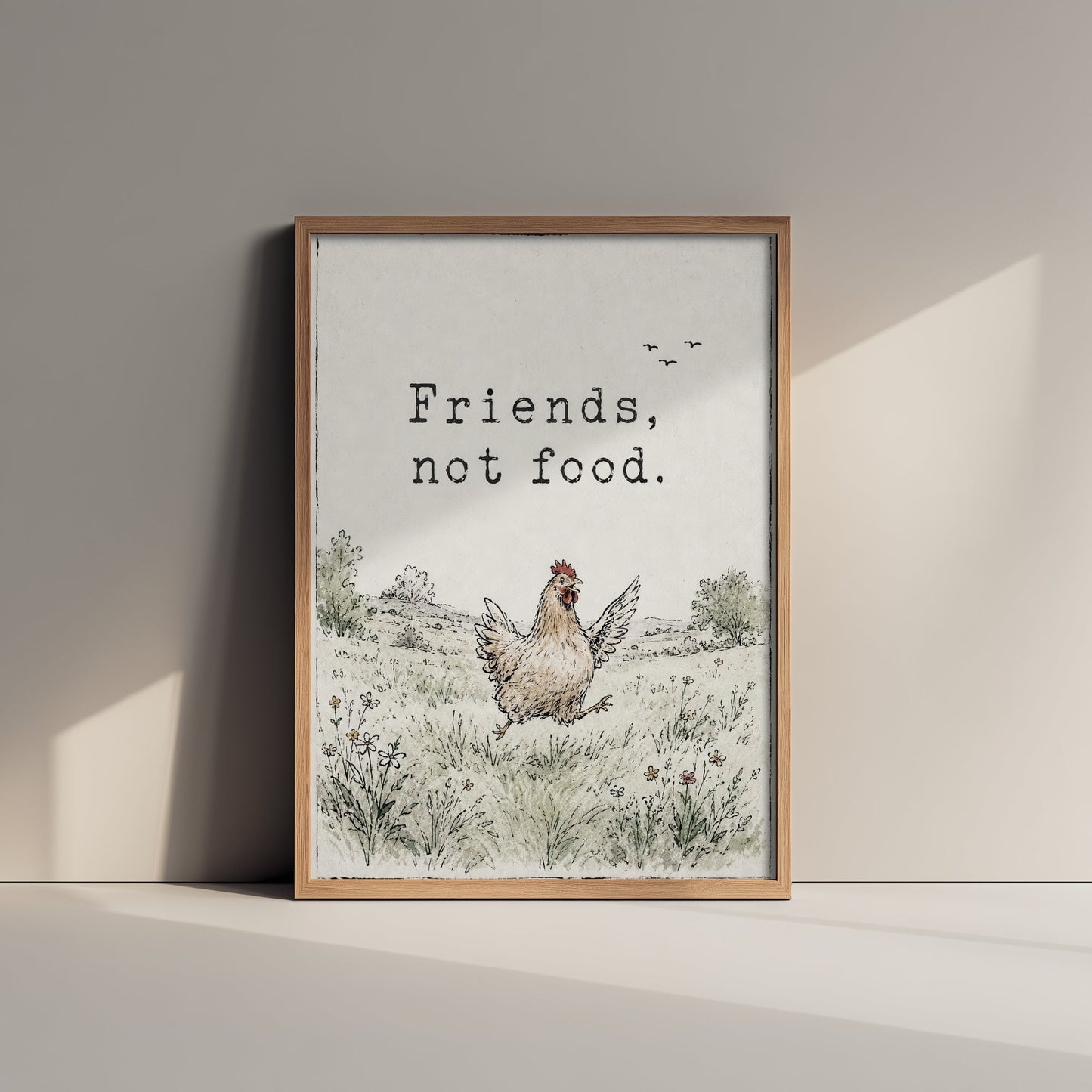 Friends Not Food Art Print - Storybook Vegan Quote Poster - Hen Watercolour Wall Art 1/3