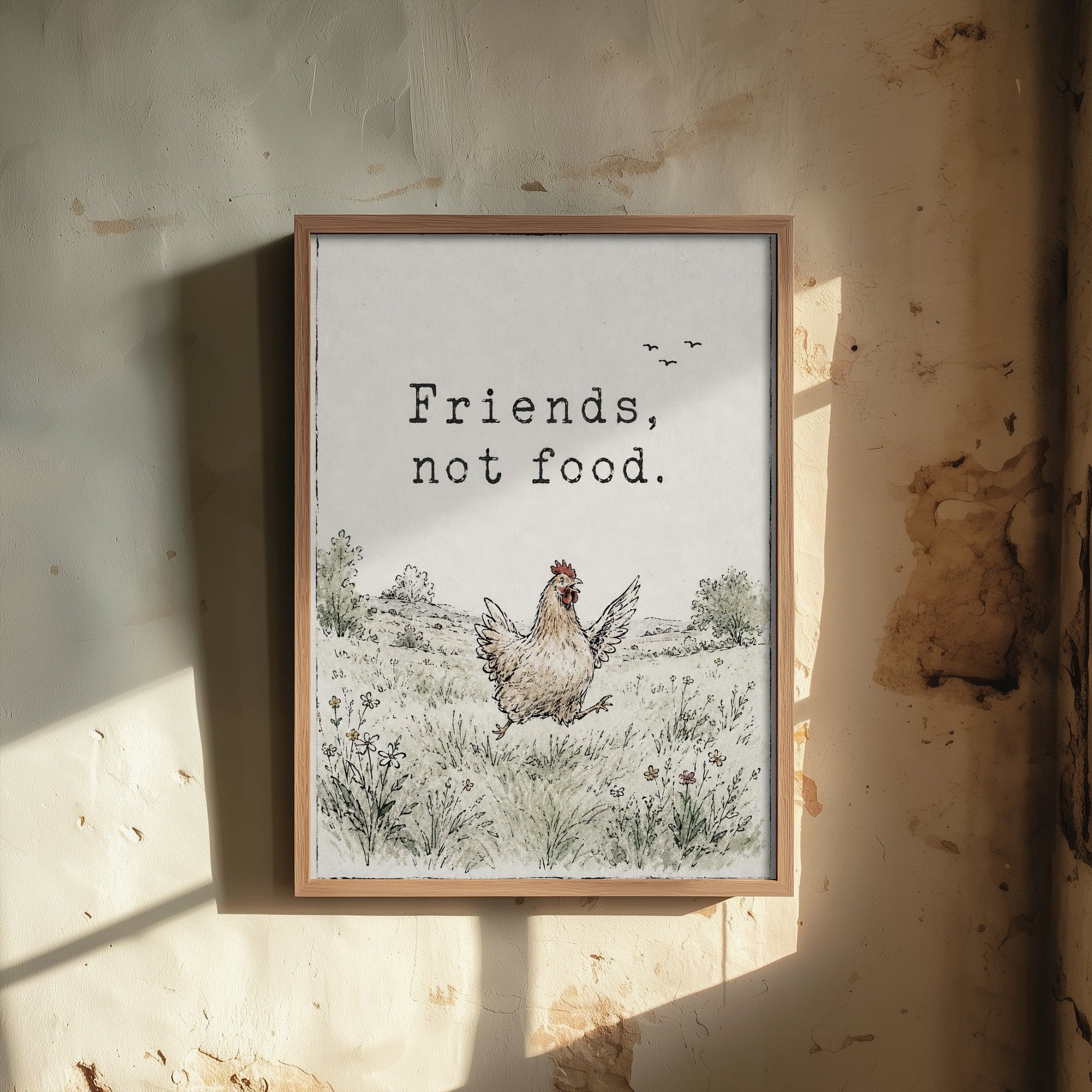 Friends Not Food Art Print - Storybook Vegan Quote Poster - Hen Watercolour Wall Art 1/3