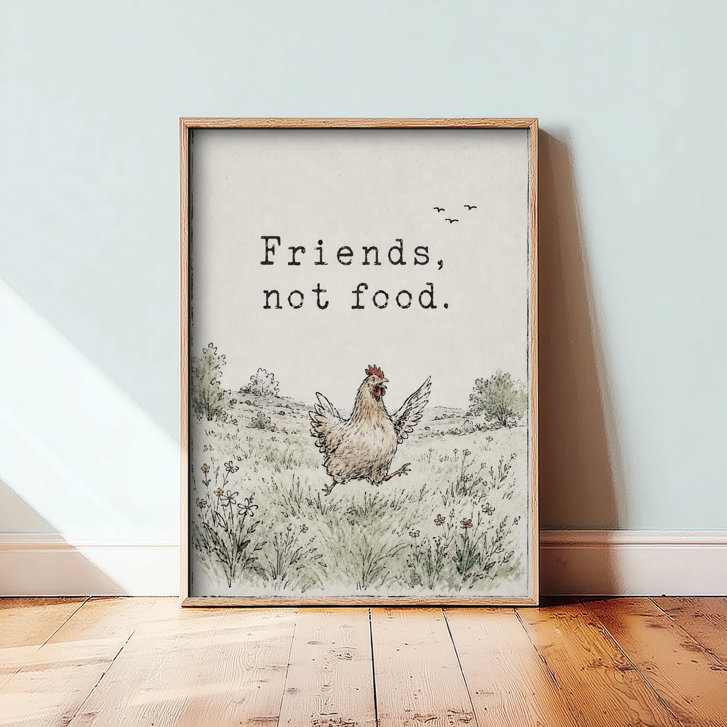 Friends Not Food Art Print - Storybook Vegan Quote Poster - Hen Watercolour Wall Art 1/3