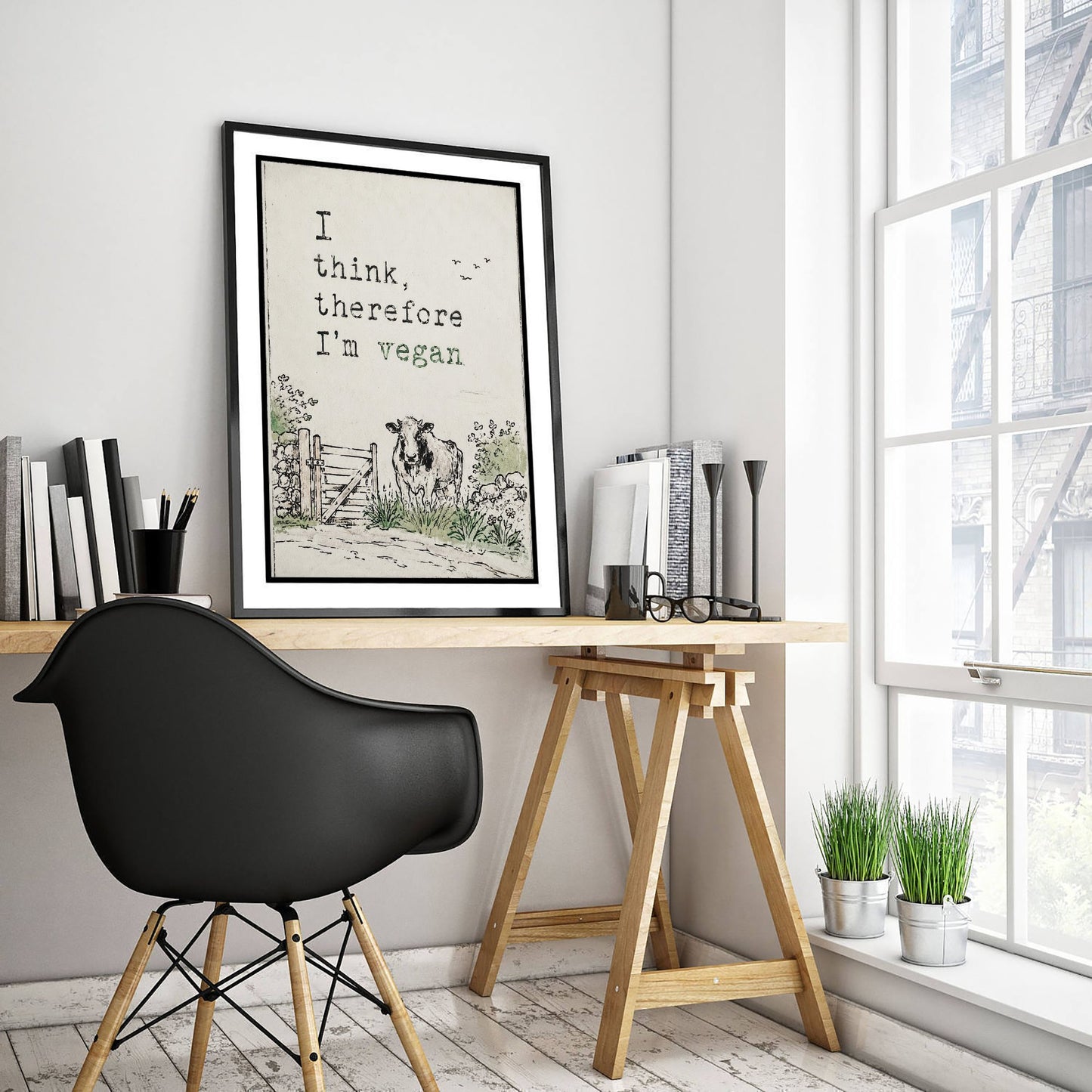 I Think Therefore I'm Vegan Art Print - Storybook Vegan Quote Poster - Cow Watercolour 2/3