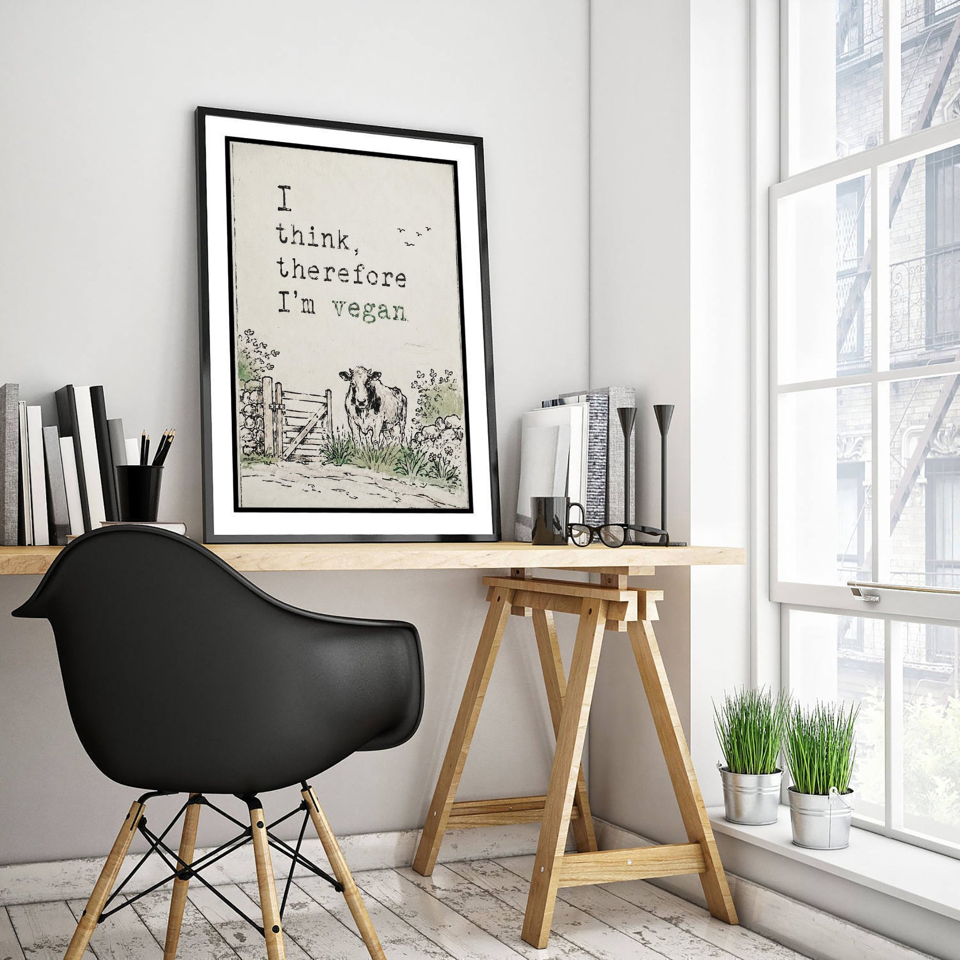 I Think Therefore I'm Vegan Art Print - Storybook Vegan Quote Poster - Cow Watercolour 2/3