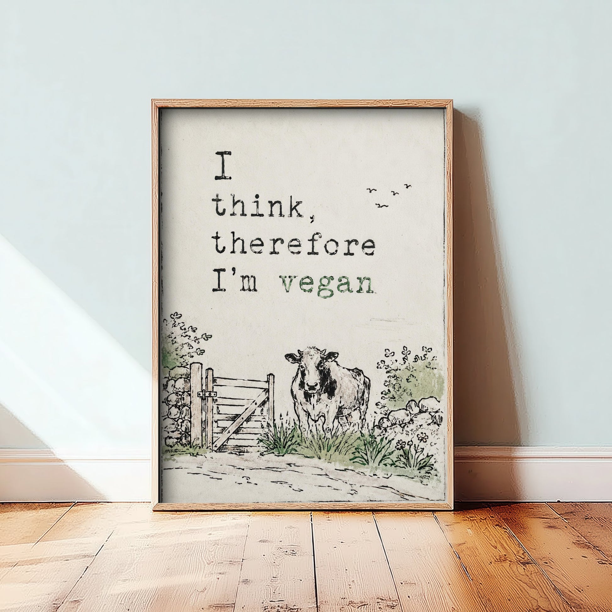 I Think Therefore I'm Vegan Art Print - Storybook Vegan Quote Poster - Cow Watercolour 2/3