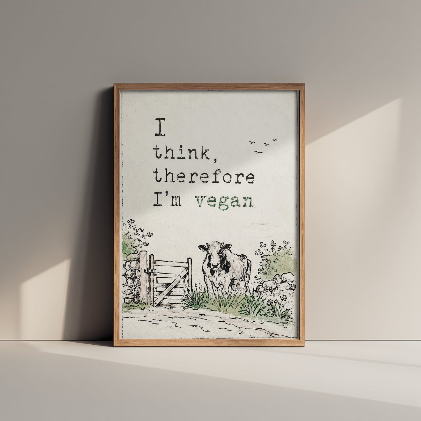 I Think Therefore I'm Vegan Art Print - Storybook Vegan Quote Poster - Cow Watercolour 2/3