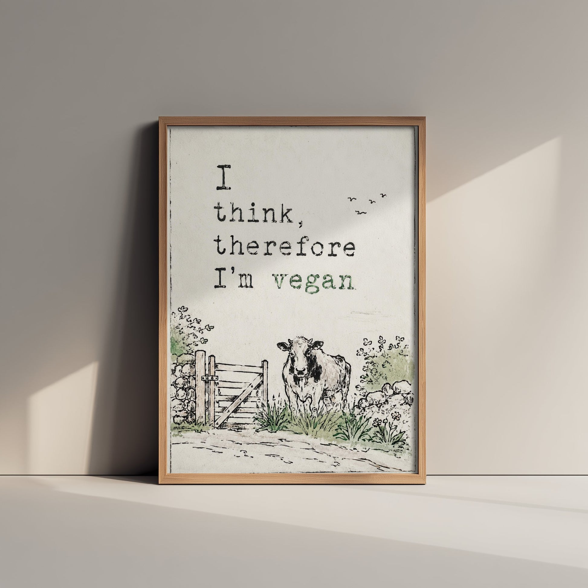 I Think Therefore I'm Vegan Art Print - Storybook Vegan Quote Poster - Cow Watercolour 2/3