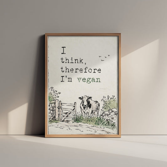 I Think Therefore I'm Vegan Art Print - Storybook Vegan Quote Poster - Cow Watercolour 2/3