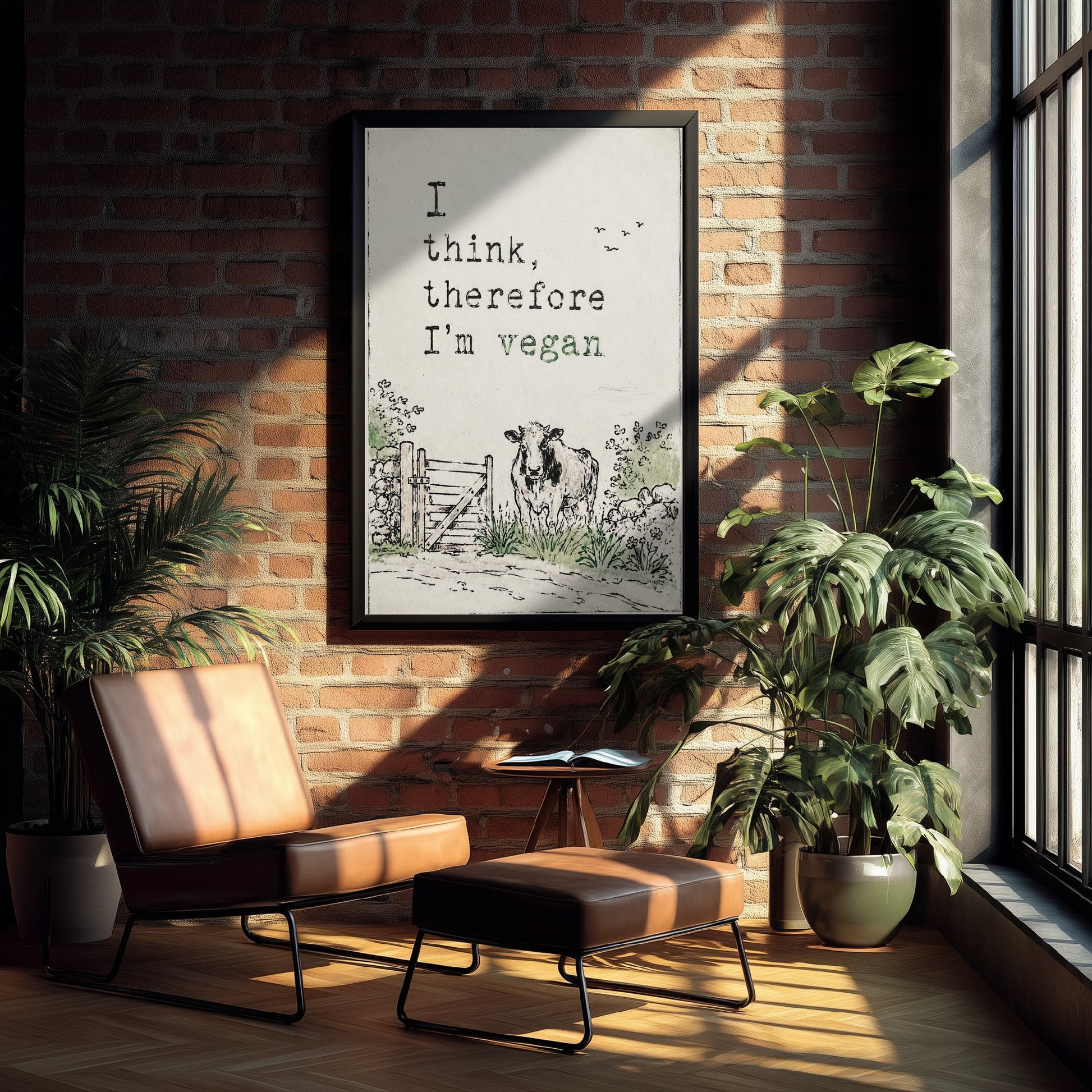 I Think Therefore I'm Vegan Art Print - Storybook Vegan Quote Poster - Cow Watercolour 2/3