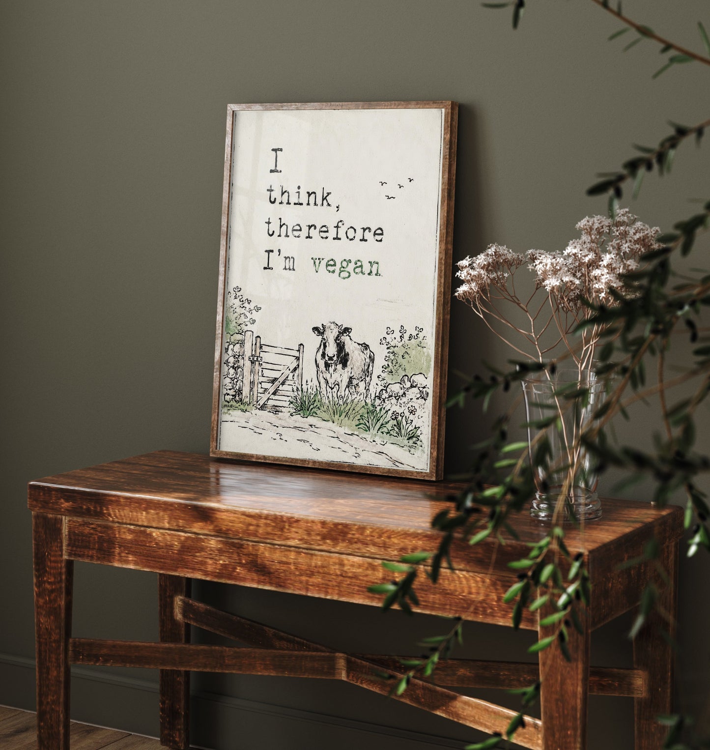 I Think Therefore I'm Vegan Art Print - Storybook Vegan Quote Poster - Cow Watercolour 2/3