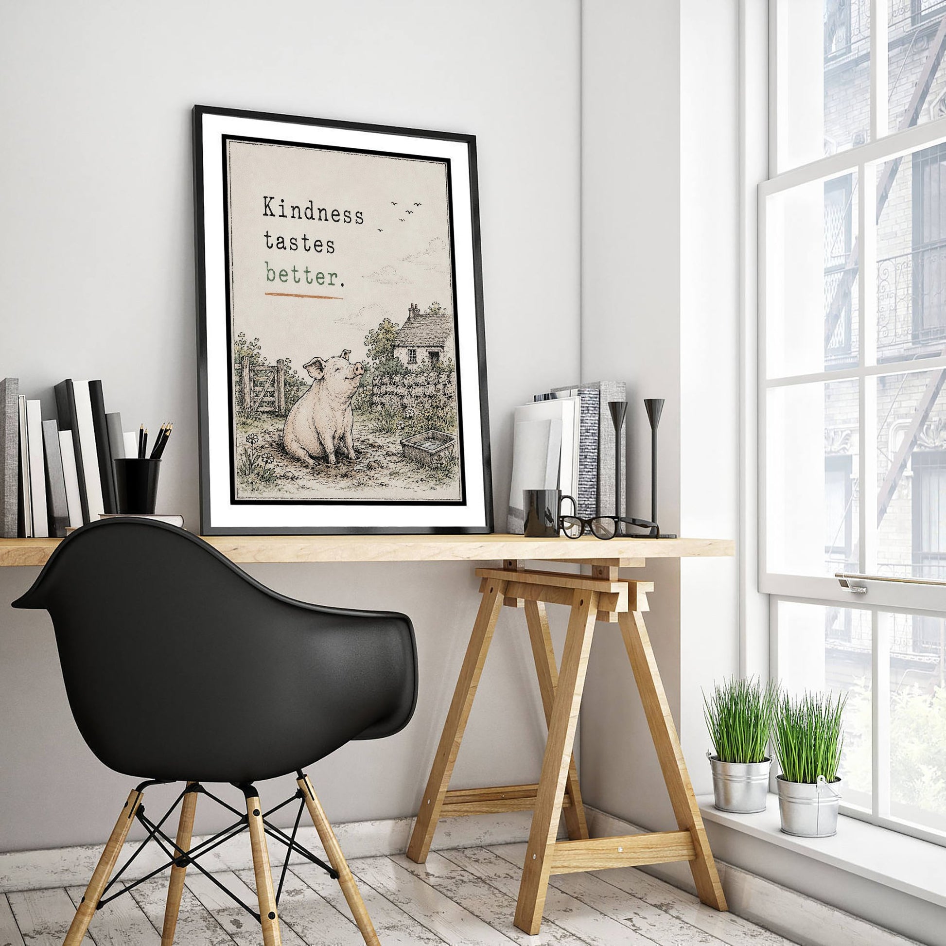 Kindness Tastes Better Art Print - Storybook Vegan Quote Poster - Pig Watercolour Wall Art 3/3