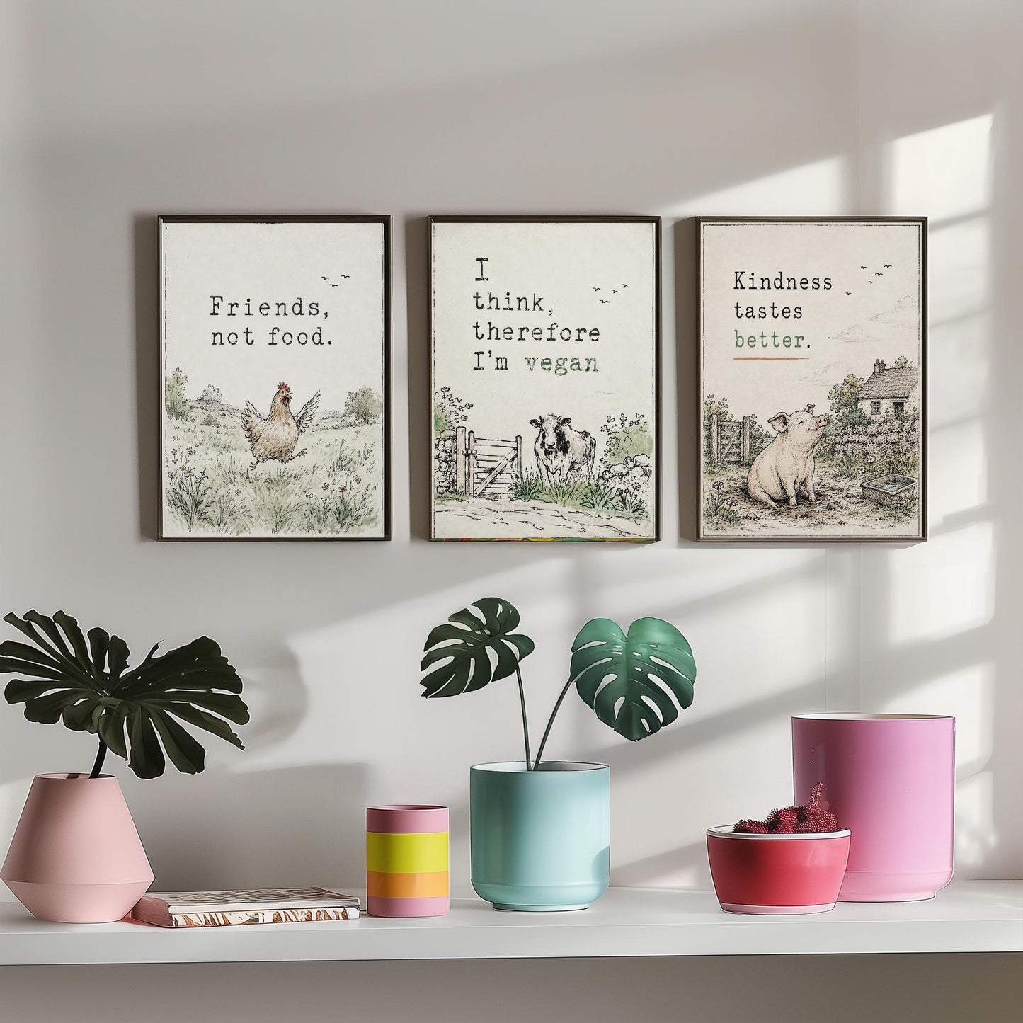 Friends Not Food Set of Three Art Prints | Think Therefore Vegan Kindness Tastes Better | Storybook Watercolour Poster