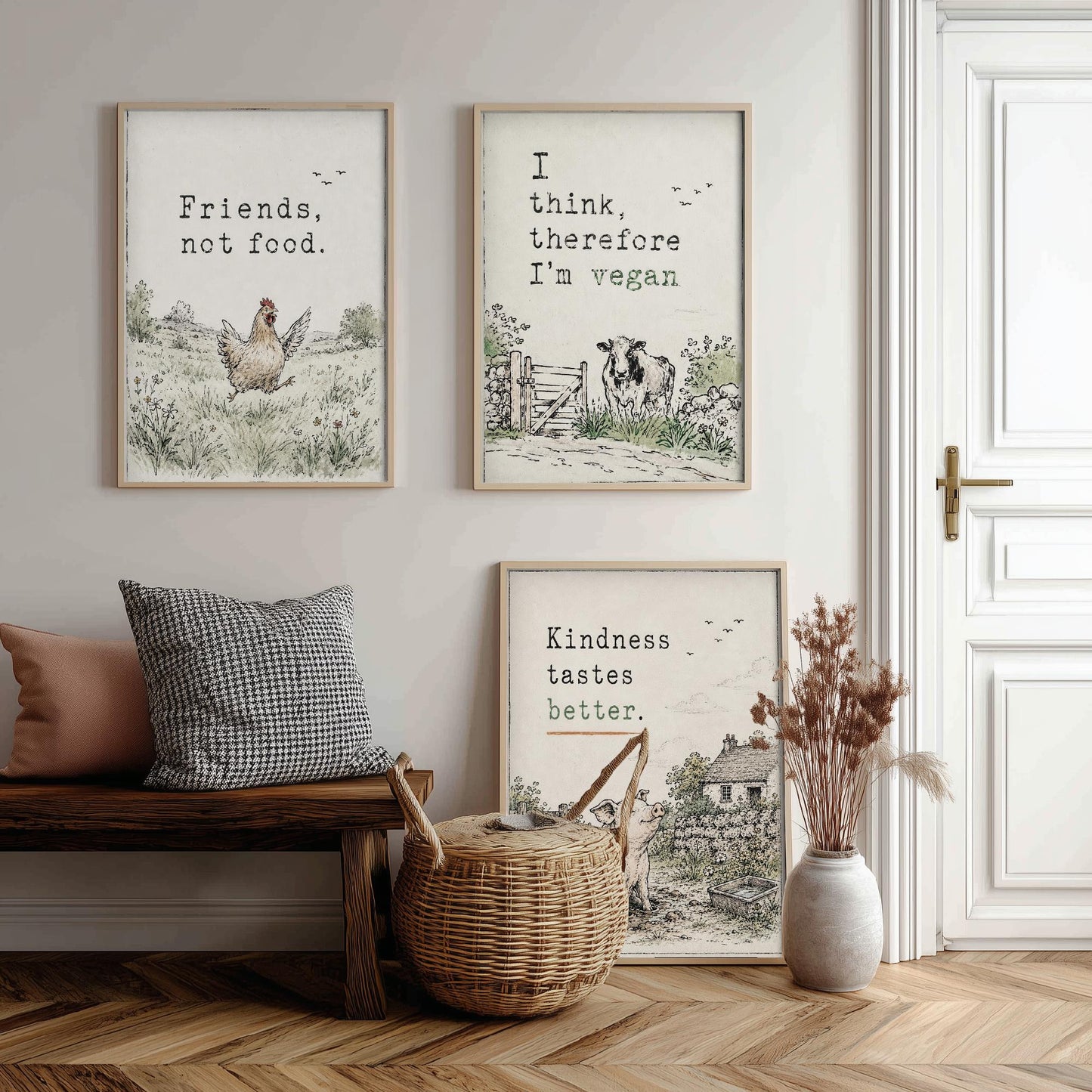 Friends Not Food Set of Three Art Prints | Think Therefore Vegan Kindness Tastes Better | Storybook Watercolour Poster