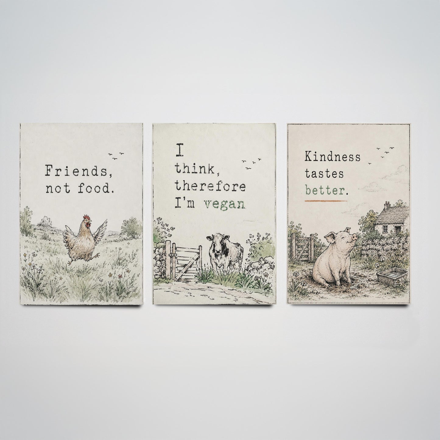 Friends Not Food Set of Three Art Prints | Think Therefore Vegan Kindness Tastes Better | Storybook Watercolour Poster