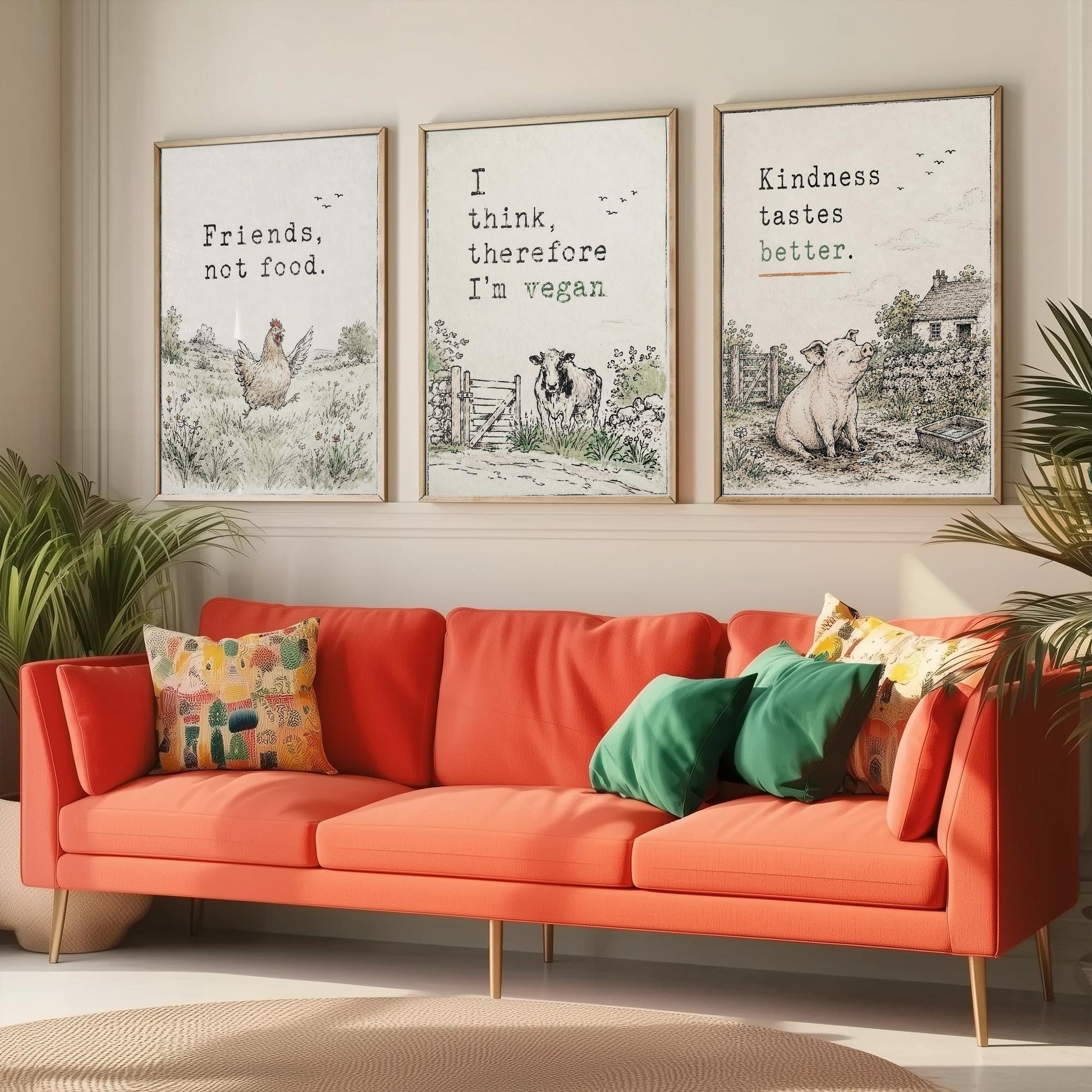 Friends Not Food Set of Three Art Prints | Think Therefore Vegan Kindness Tastes Better | Storybook Watercolour Poster