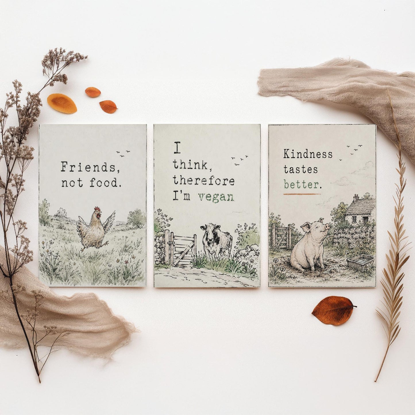 Friends Not Food Set of Three Art Prints | Think Therefore Vegan Kindness Tastes Better | Storybook Watercolour Poster