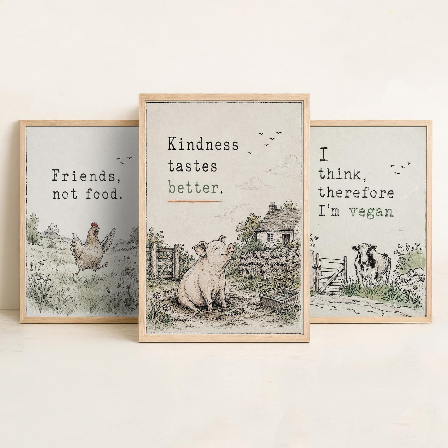 Friends Not Food Set of Three Art Prints | Think Therefore Vegan Kindness Tastes Better | Storybook Watercolour Poster