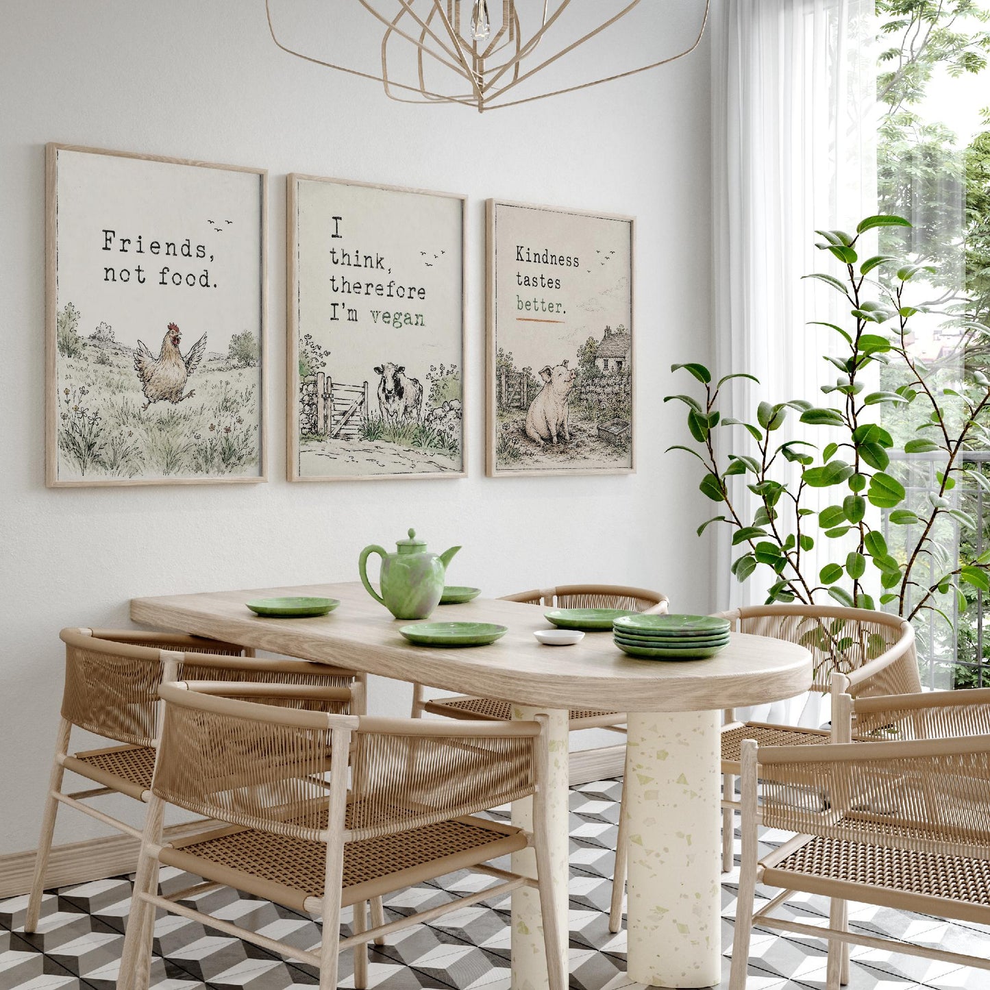 Friends Not Food Set of Three Art Prints | Think Therefore Vegan Kindness Tastes Better | Storybook Watercolour Poster
