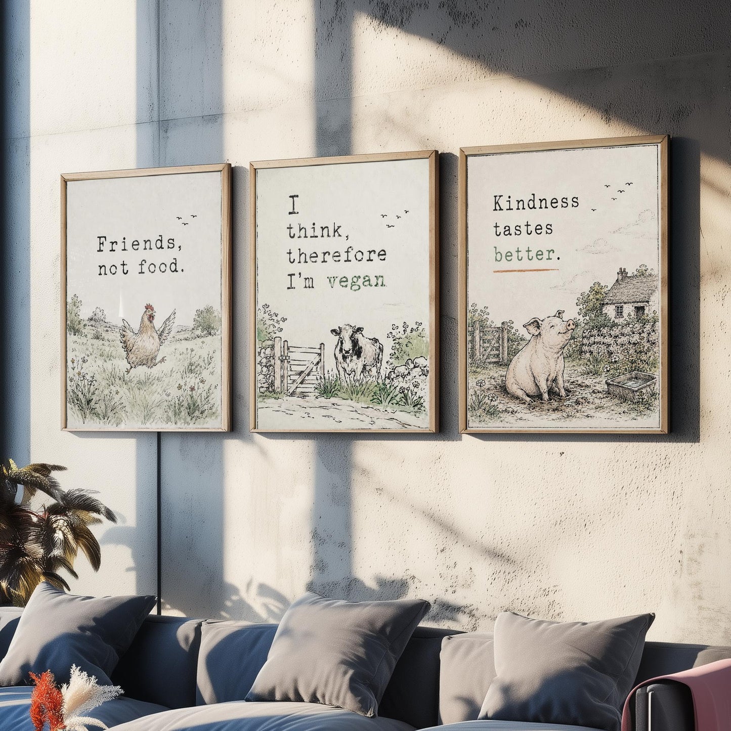 Friends Not Food Set of Three Art Prints | Think Therefore Vegan Kindness Tastes Better | Storybook Watercolour Poster