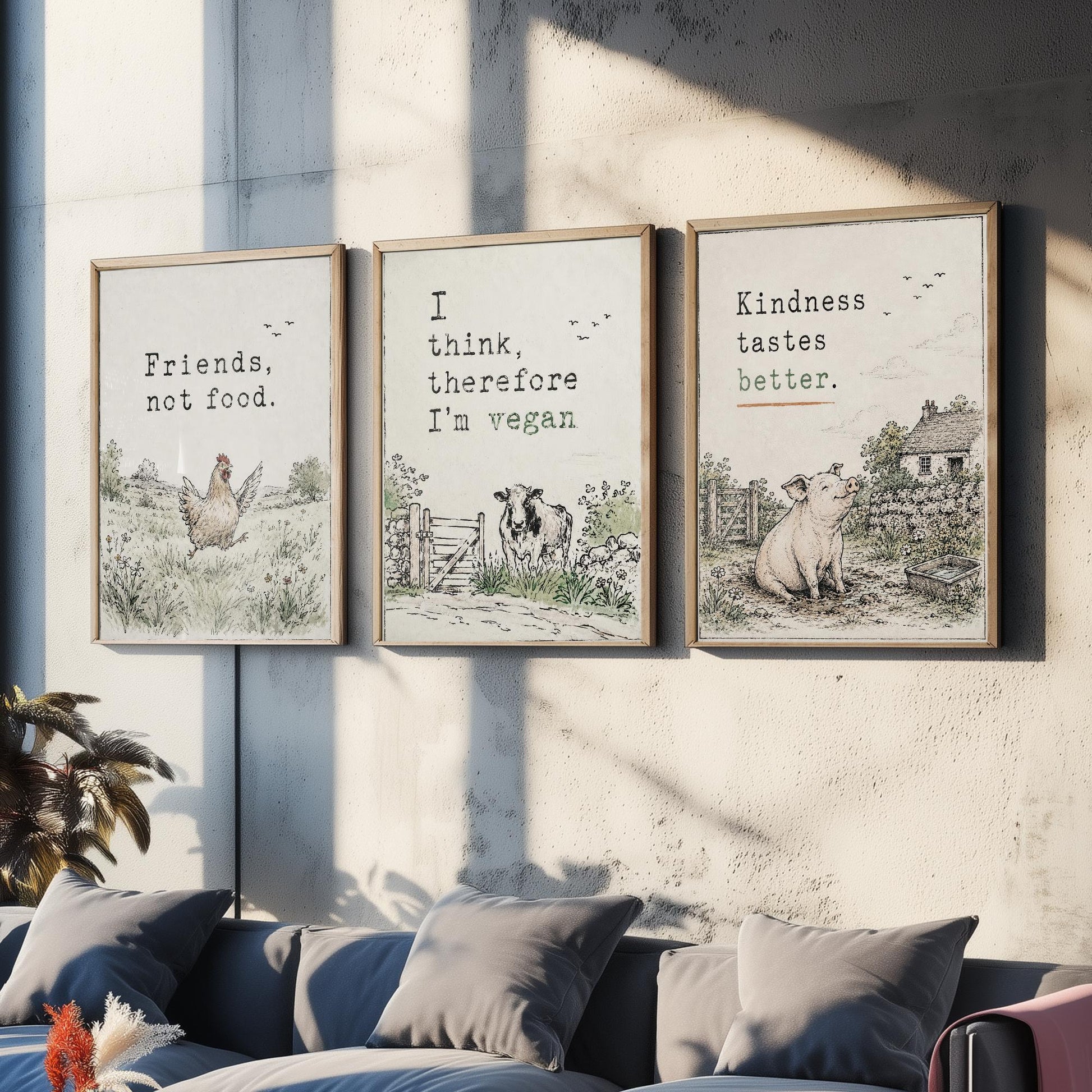 Friends Not Food Set of Three Art Prints | Think Therefore Vegan Kindness Tastes Better | Storybook Watercolour Poster