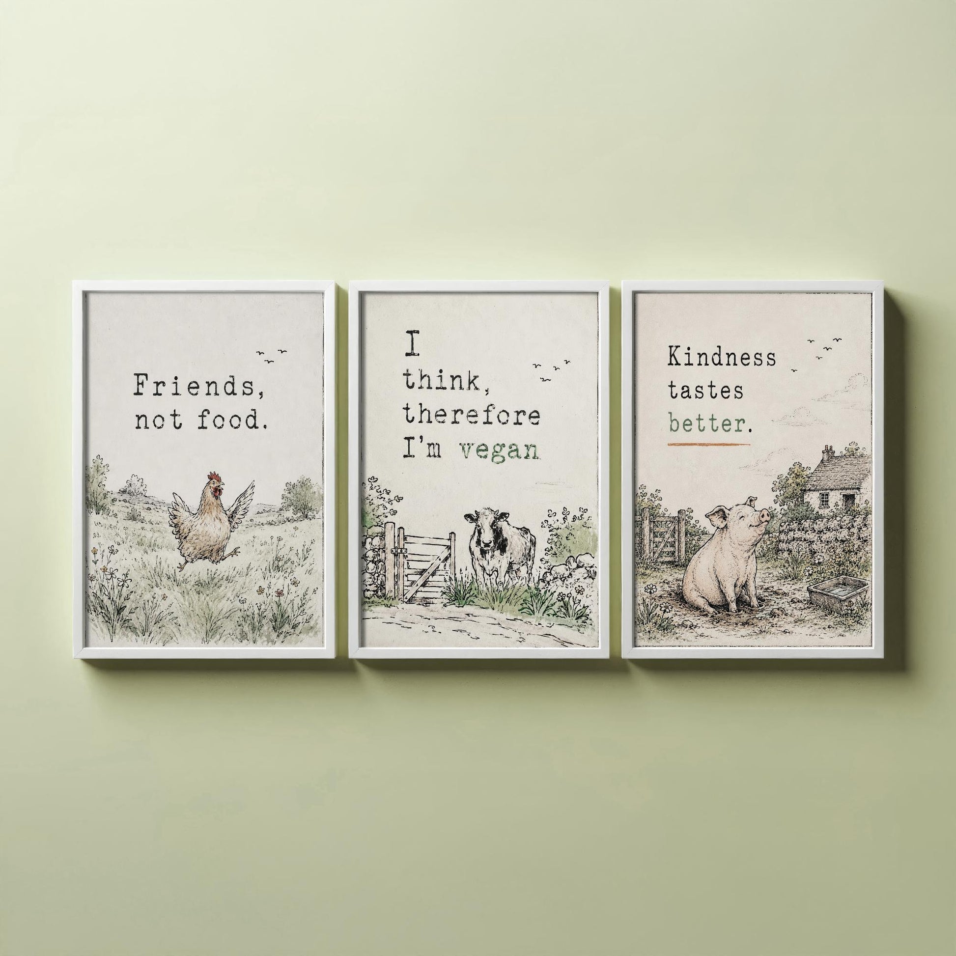 Friends Not Food Set of Three Art Prints | Think Therefore Vegan Kindness Tastes Better | Storybook Watercolour Poster