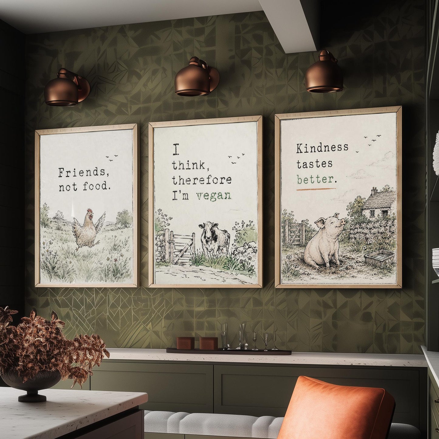 Friends Not Food Set of Three Art Prints | Think Therefore Vegan Kindness Tastes Better | Storybook Watercolour Poster
