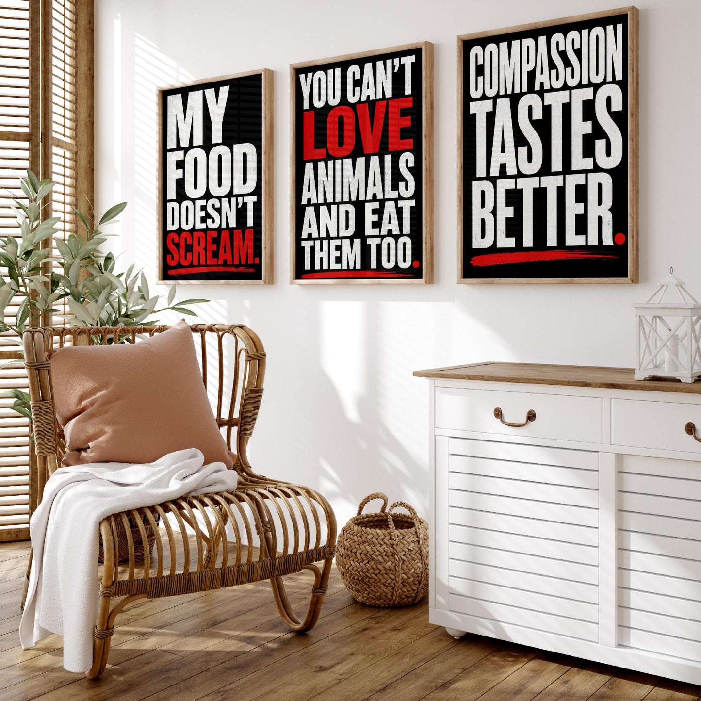 My Food Doesnt Scream Set of Three Art Prints | Cant Love Animals Compassion Tastes Better | Typography Poster Illustration