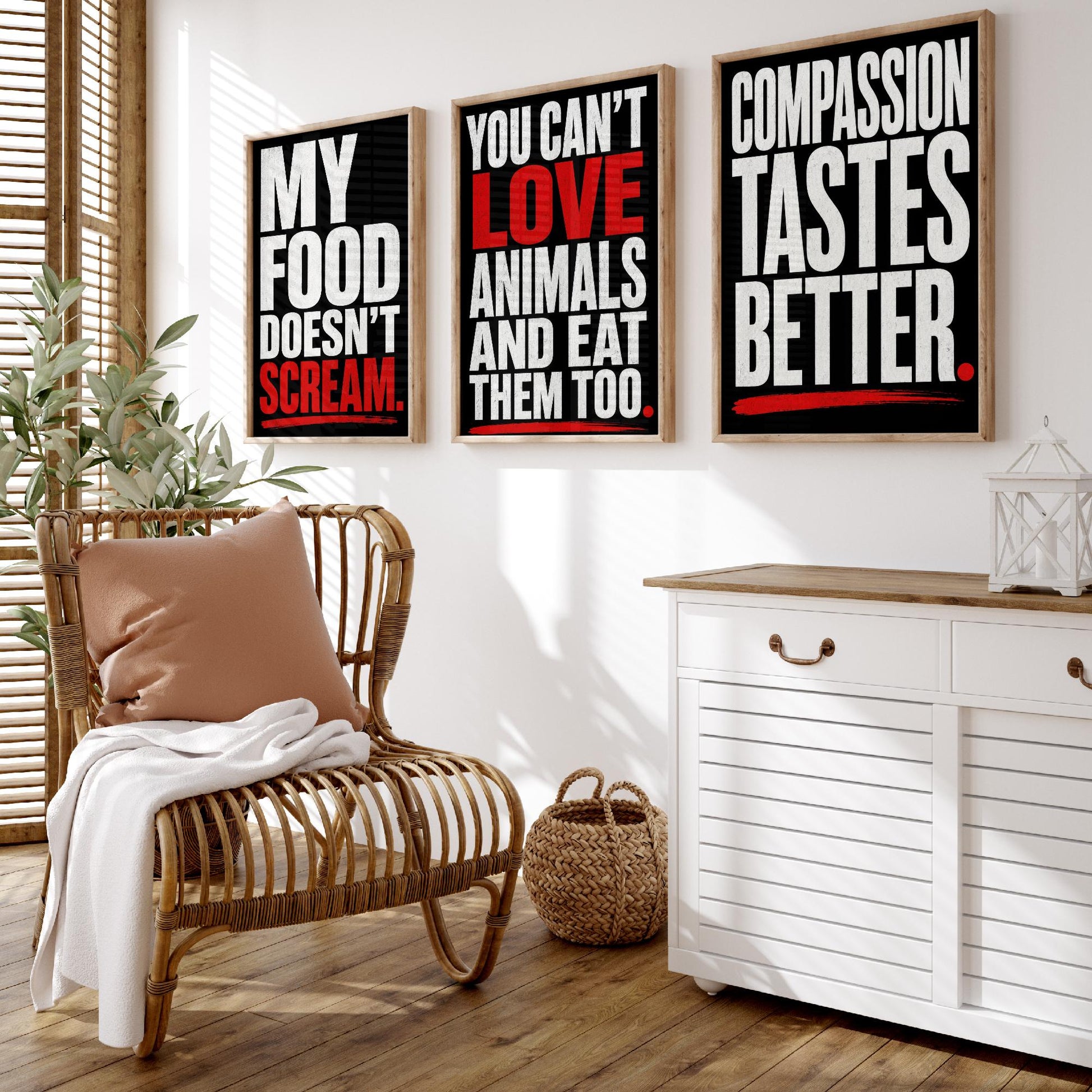 My Food Doesnt Scream Set of Three Art Prints | Cant Love Animals Compassion Tastes Better | Typography Poster Illustration