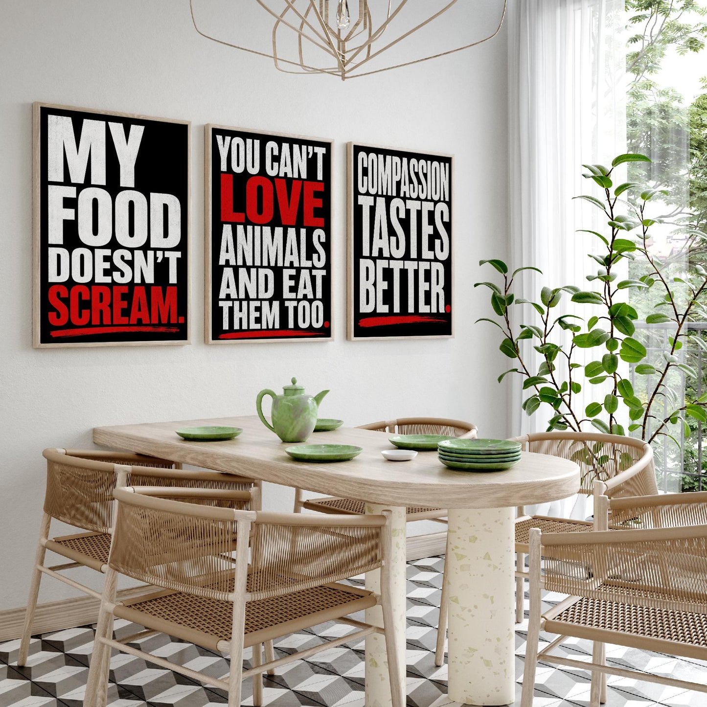 My Food Doesnt Scream Set of Three Art Prints | Cant Love Animals Compassion Tastes Better | Typography Poster Illustration