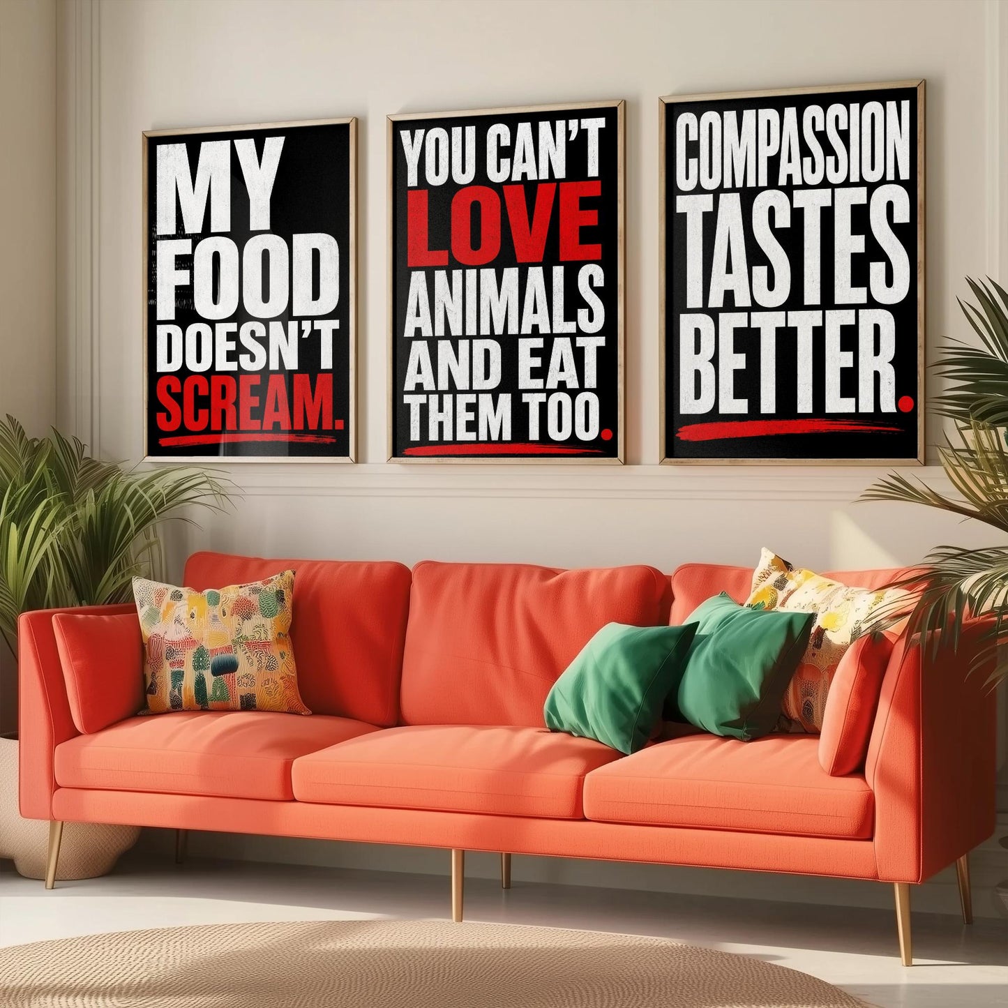 My Food Doesnt Scream Set of Three Art Prints | Cant Love Animals Compassion Tastes Better | Typography Poster Illustration