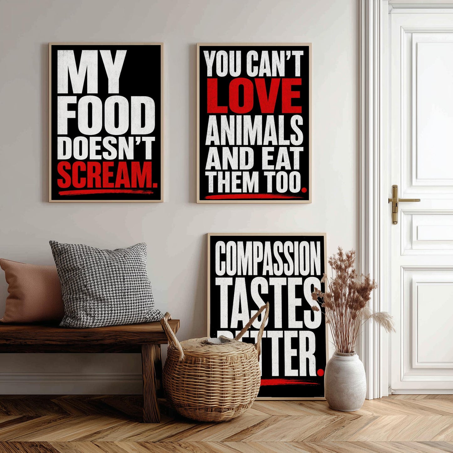 My Food Doesnt Scream Set of Three Art Prints | Cant Love Animals Compassion Tastes Better | Typography Poster Illustration