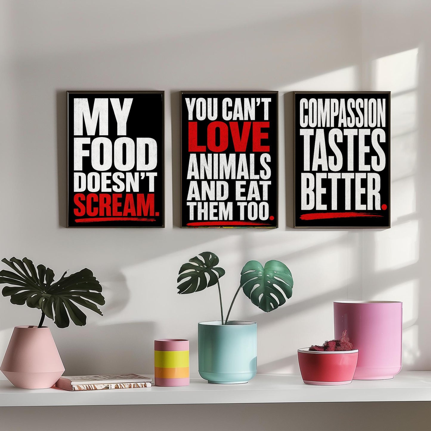 My Food Doesnt Scream Set of Three Art Prints | Cant Love Animals Compassion Tastes Better | Typography Poster Illustration
