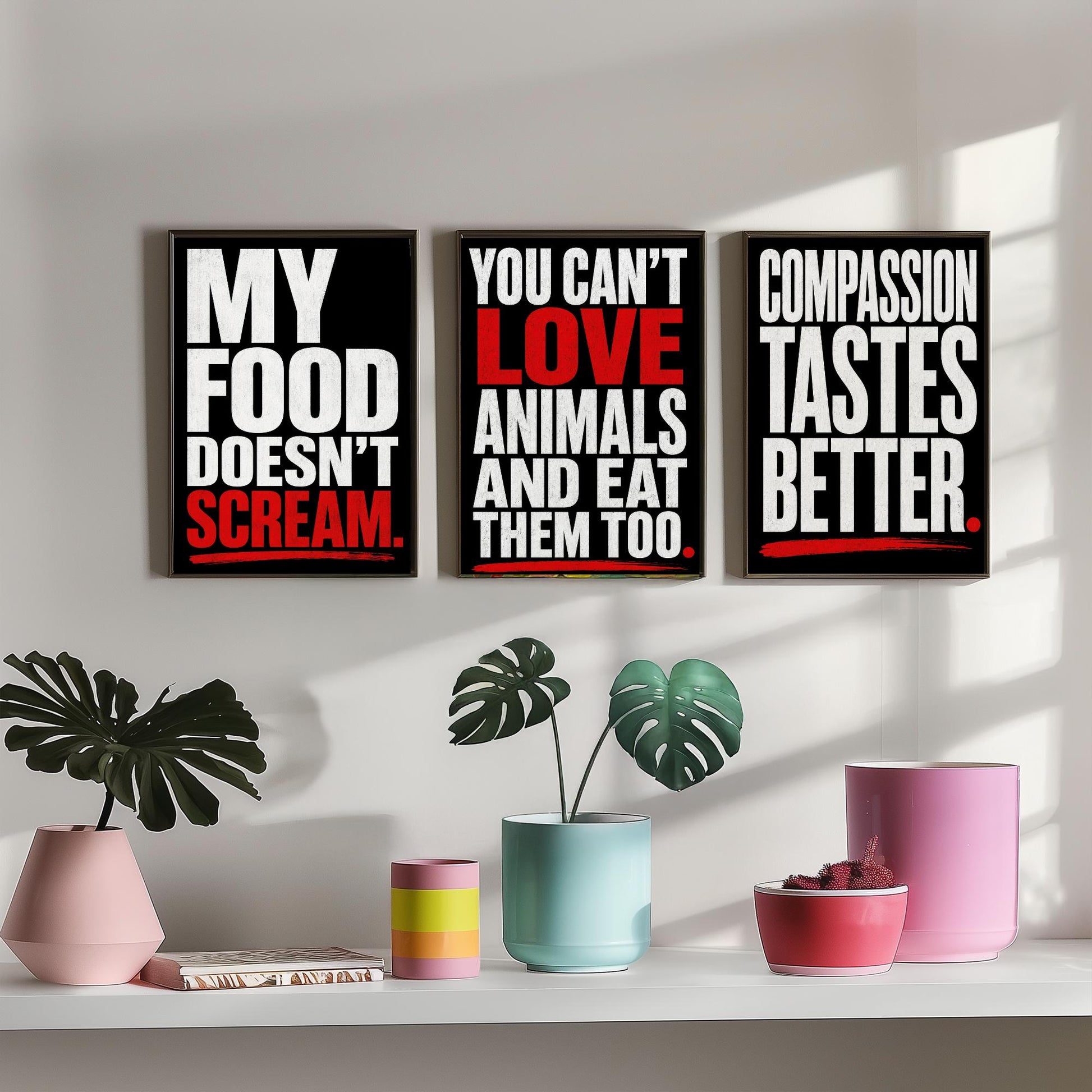 My Food Doesnt Scream Set of Three Art Prints | Cant Love Animals Compassion Tastes Better | Typography Poster Illustration