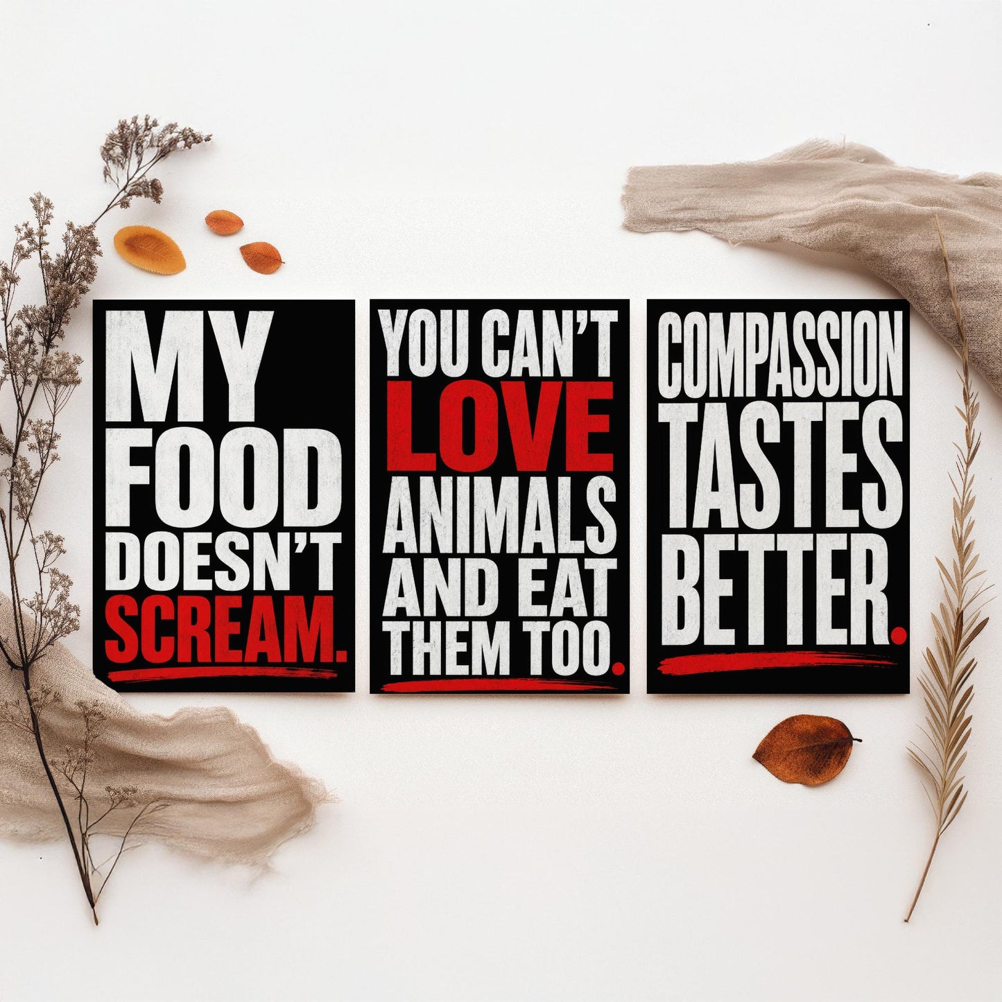 My Food Doesnt Scream Set of Three Art Prints | Cant Love Animals Compassion Tastes Better | Typography Poster Illustration