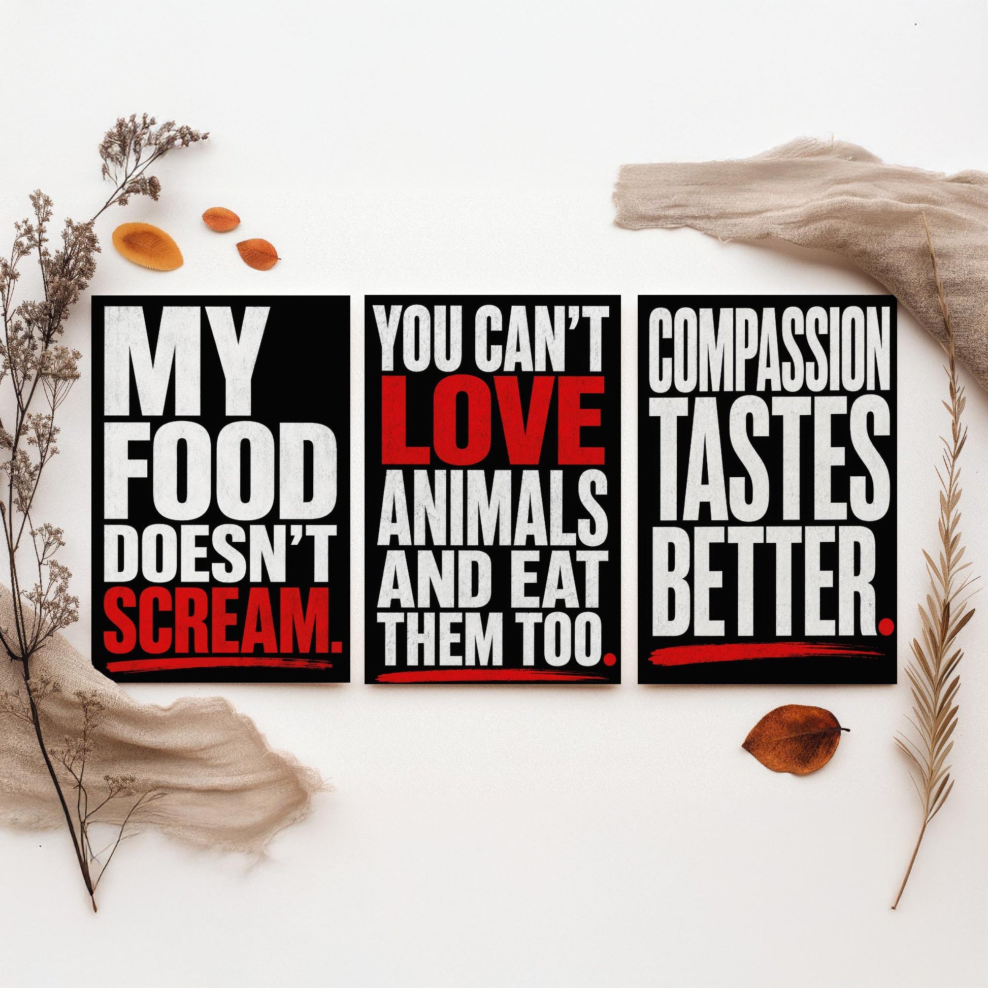 My Food Doesnt Scream Set of Three Art Prints | Cant Love Animals Compassion Tastes Better | Typography Poster Illustration