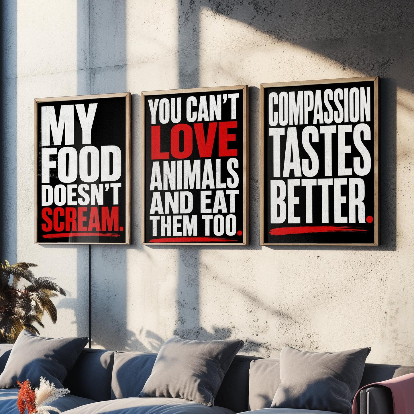 My Food Doesnt Scream Set of Three Art Prints | Cant Love Animals Compassion Tastes Better | Typography Poster Illustration